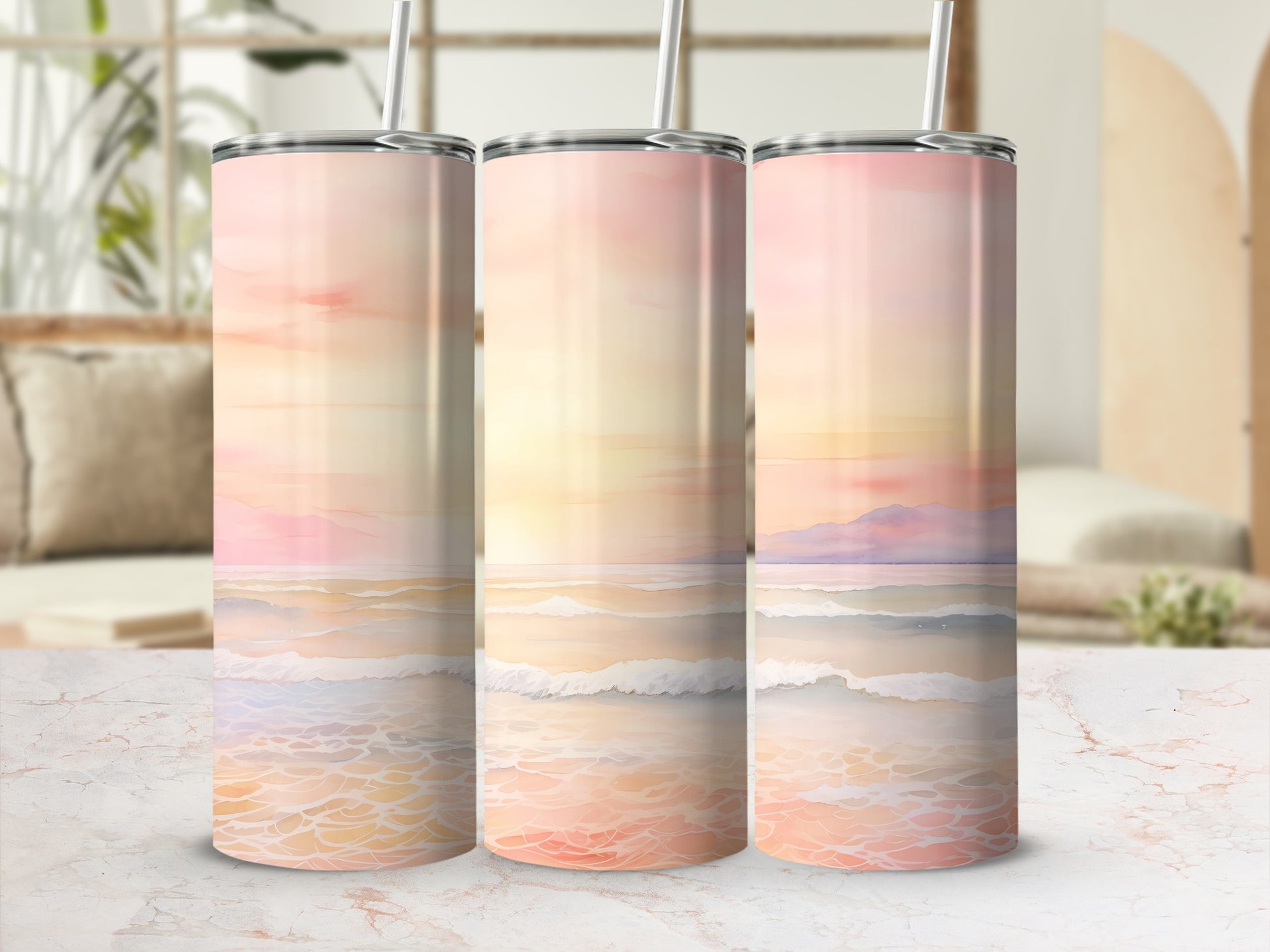 Watercolor Beach Sunset Ocean Waves Art product type