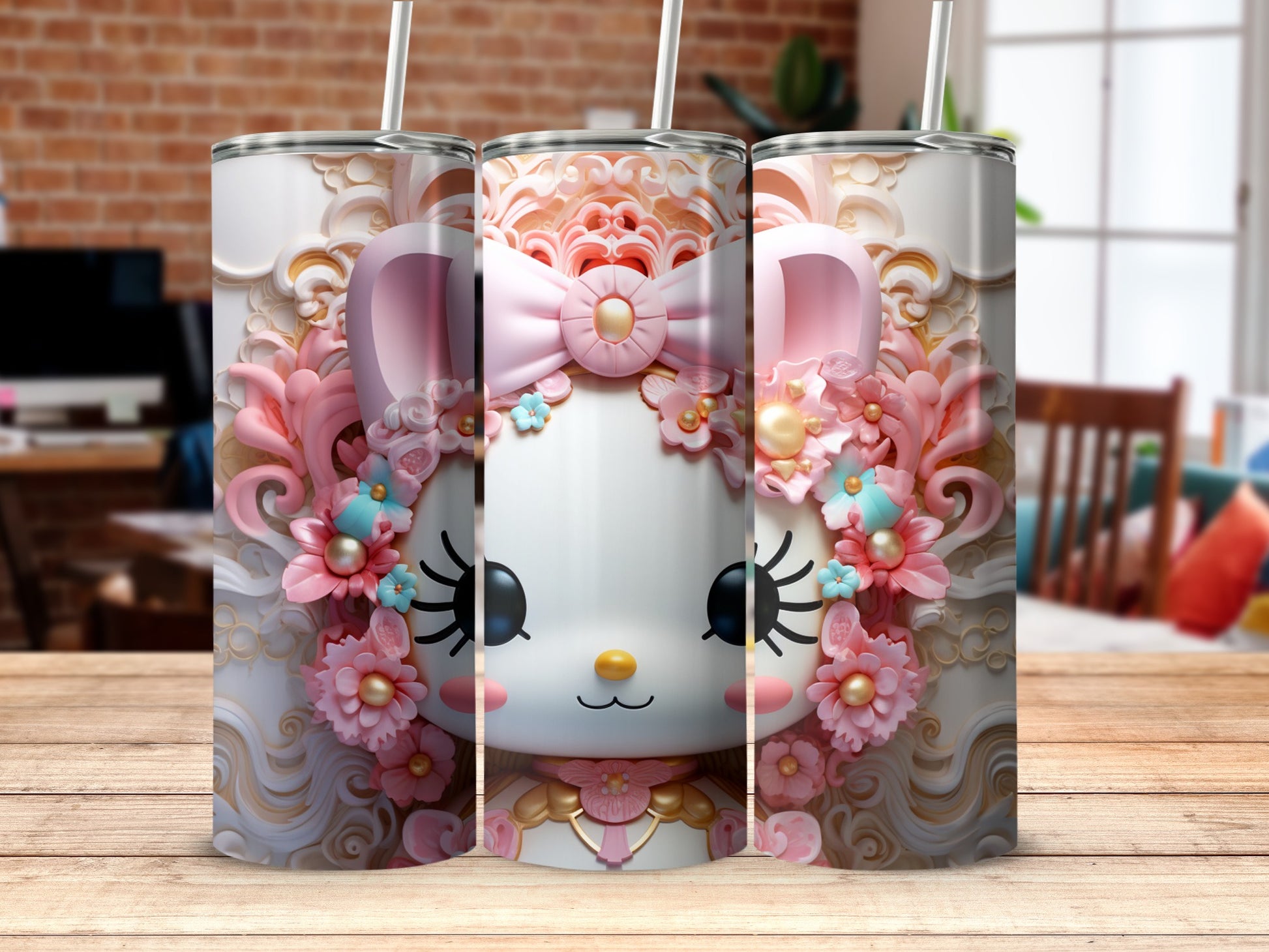 Adorable Floral Decorated Cute Character Tumbler Cup