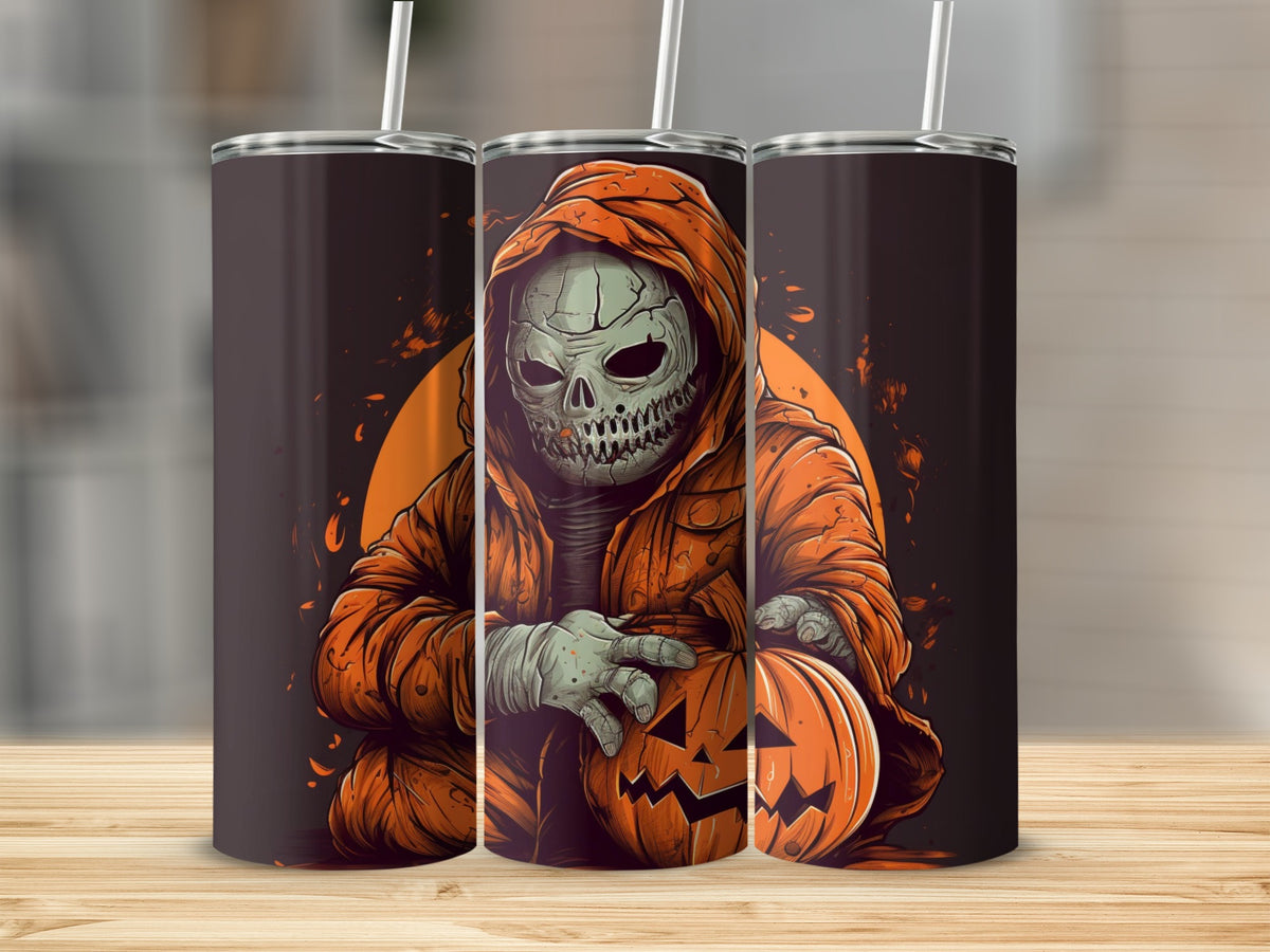 Three tumblers featuring a skeleton in an orange robe holding a jack-o'-lantern.