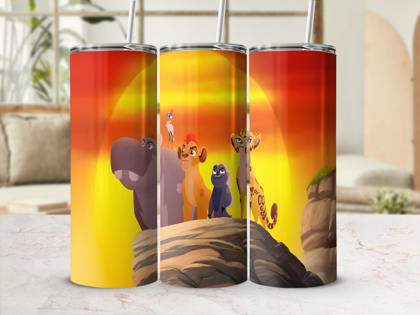 The Lion Guard characters stand on a rocky ledge with a sunset background.