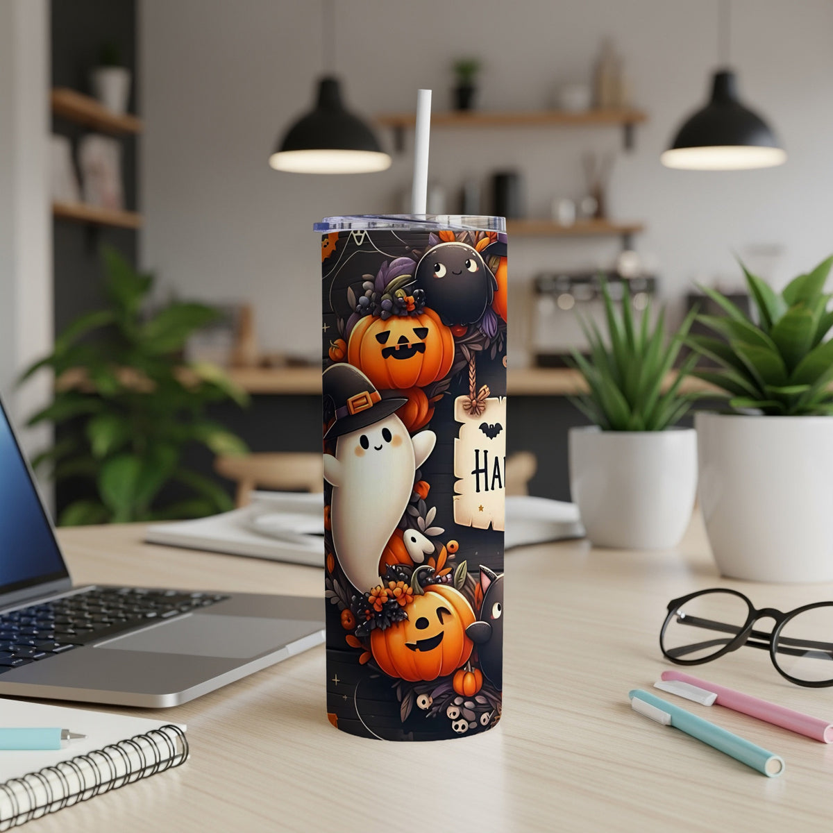 Halloween tumbler with pumpkins, ghost, bats, and "Happy" text.