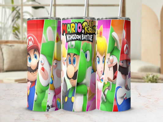 Mario and Rabbids Kingdom Battle characters on colorful tumblers.
