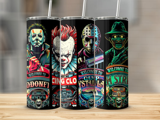 Horror movie characters on tumblers: Michael Myers, Pennywise, Jason Voorhees, Freddy Krueger.