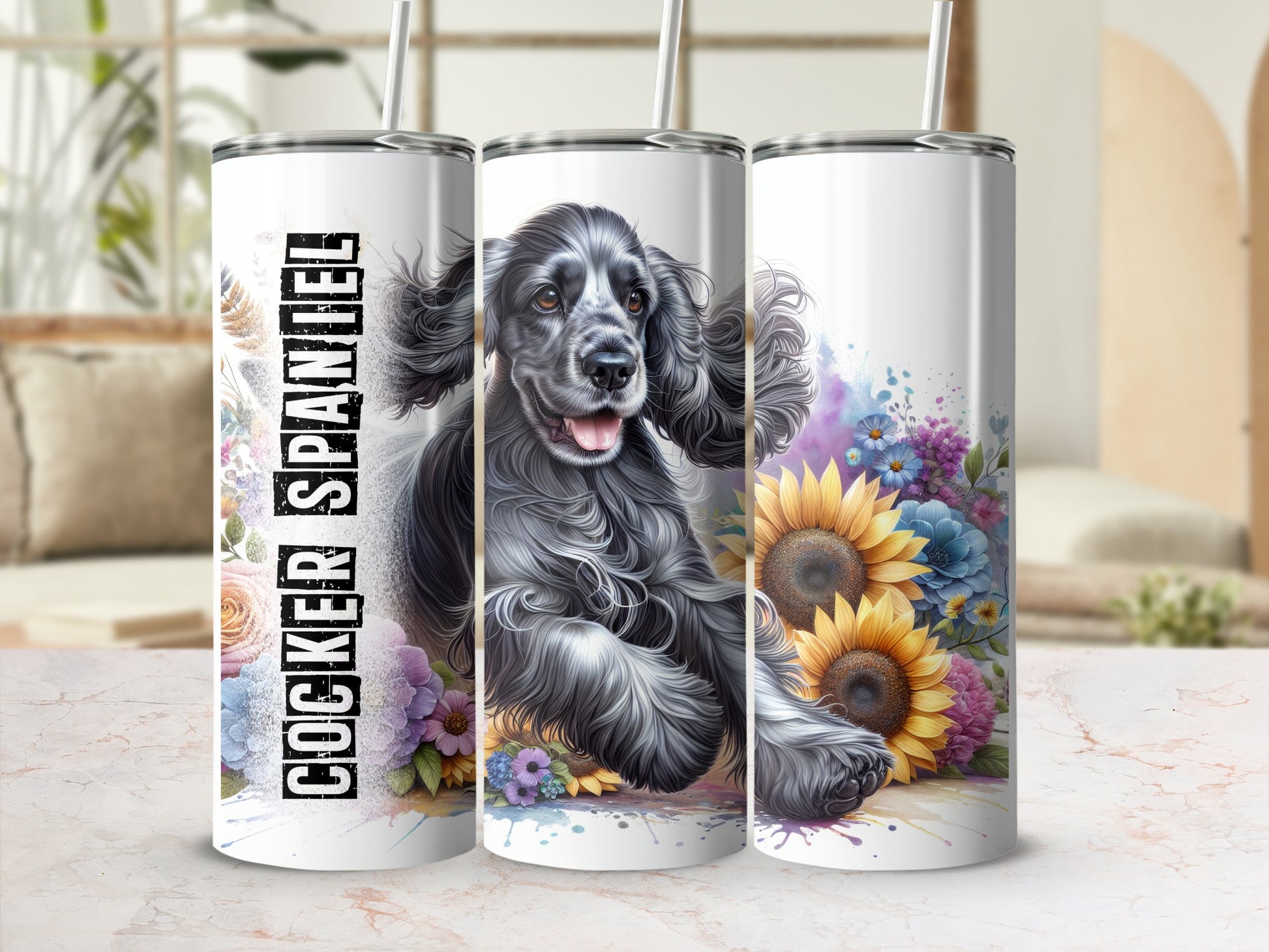 Black cocker spaniel on tumbler with sunflowers and floral accents.