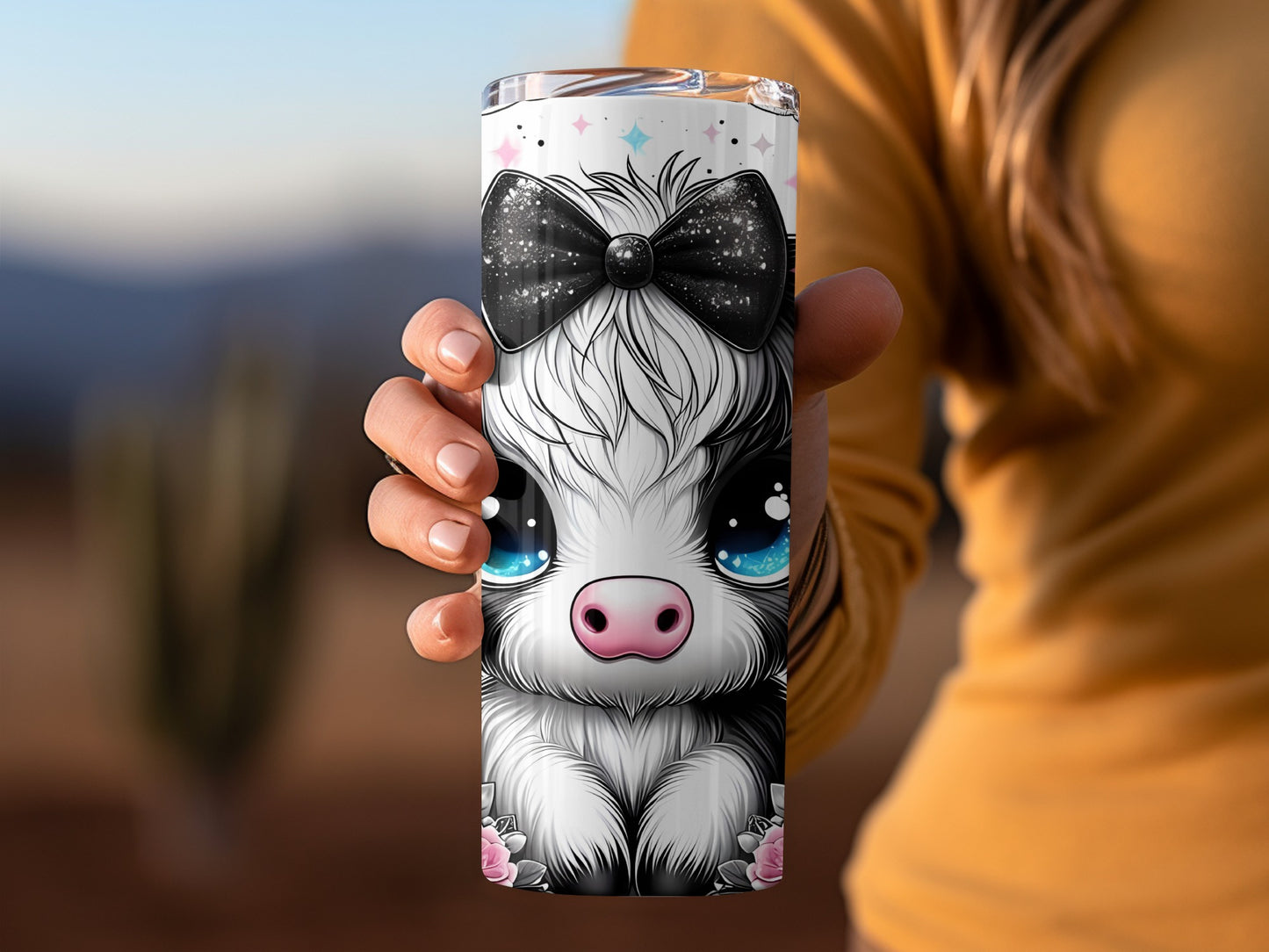 Cute Cow with Bow and Stars Pattern Tumbler Cup