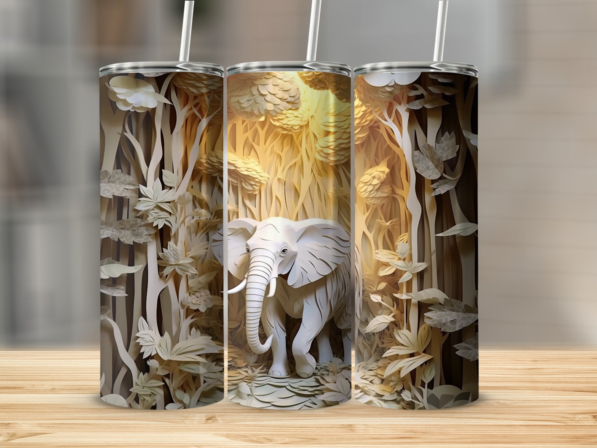 White elephant sculpture in a forest scene on a tumbler.