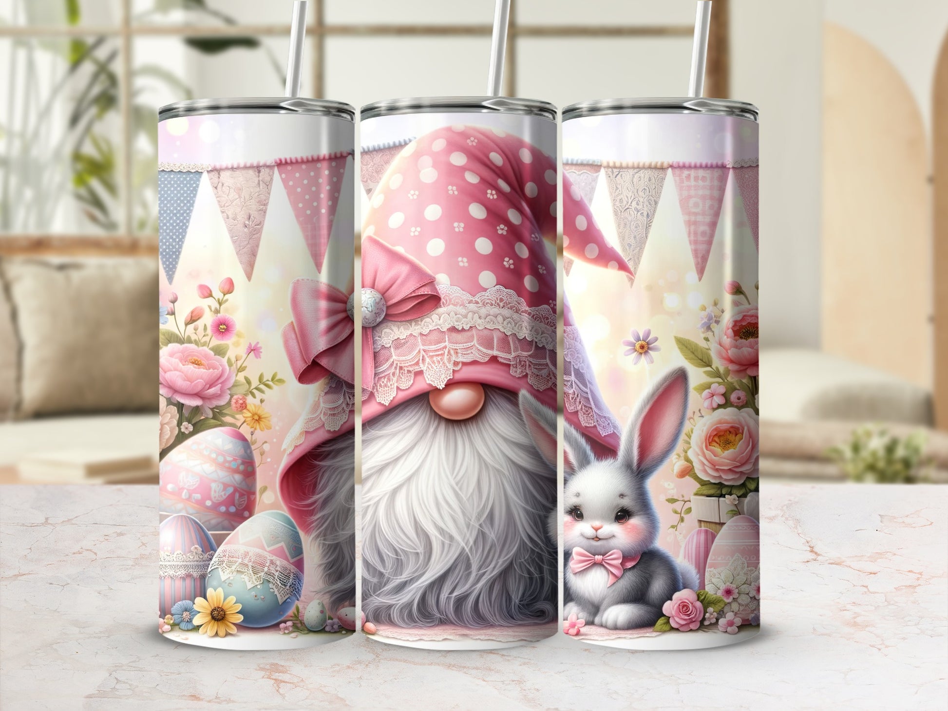 Easter gnome and bunny design on three pink tumblers with polka dots and gingham patterns.