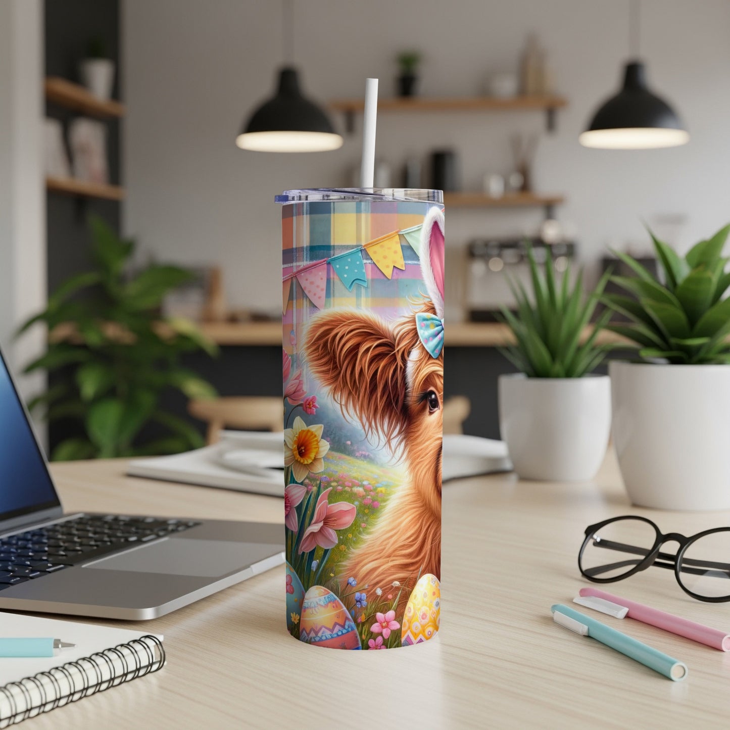 Cow with Easter eggs and flowers on a tumbler.