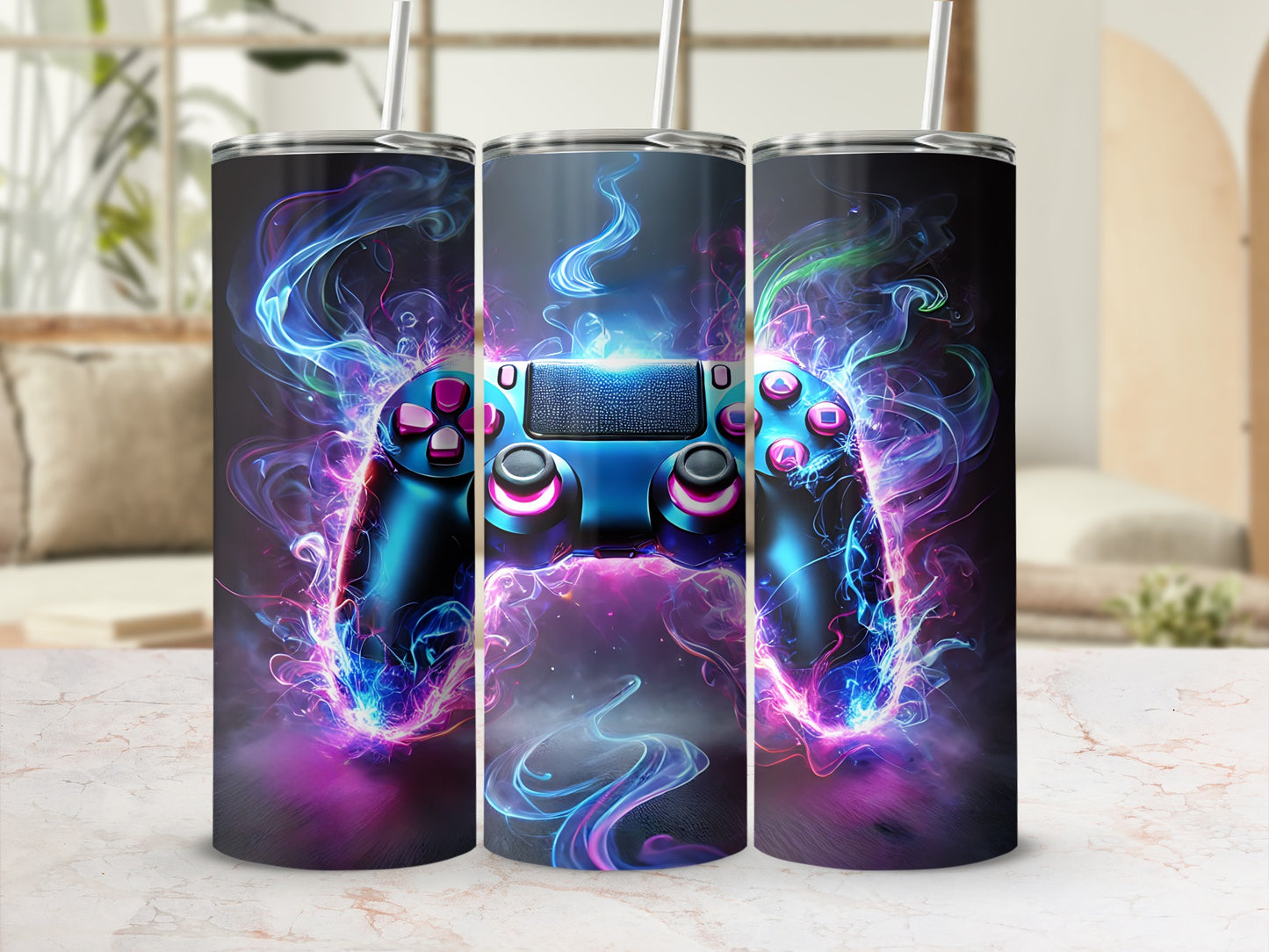 Video game controller with colorful glowing smoke and abstract design.