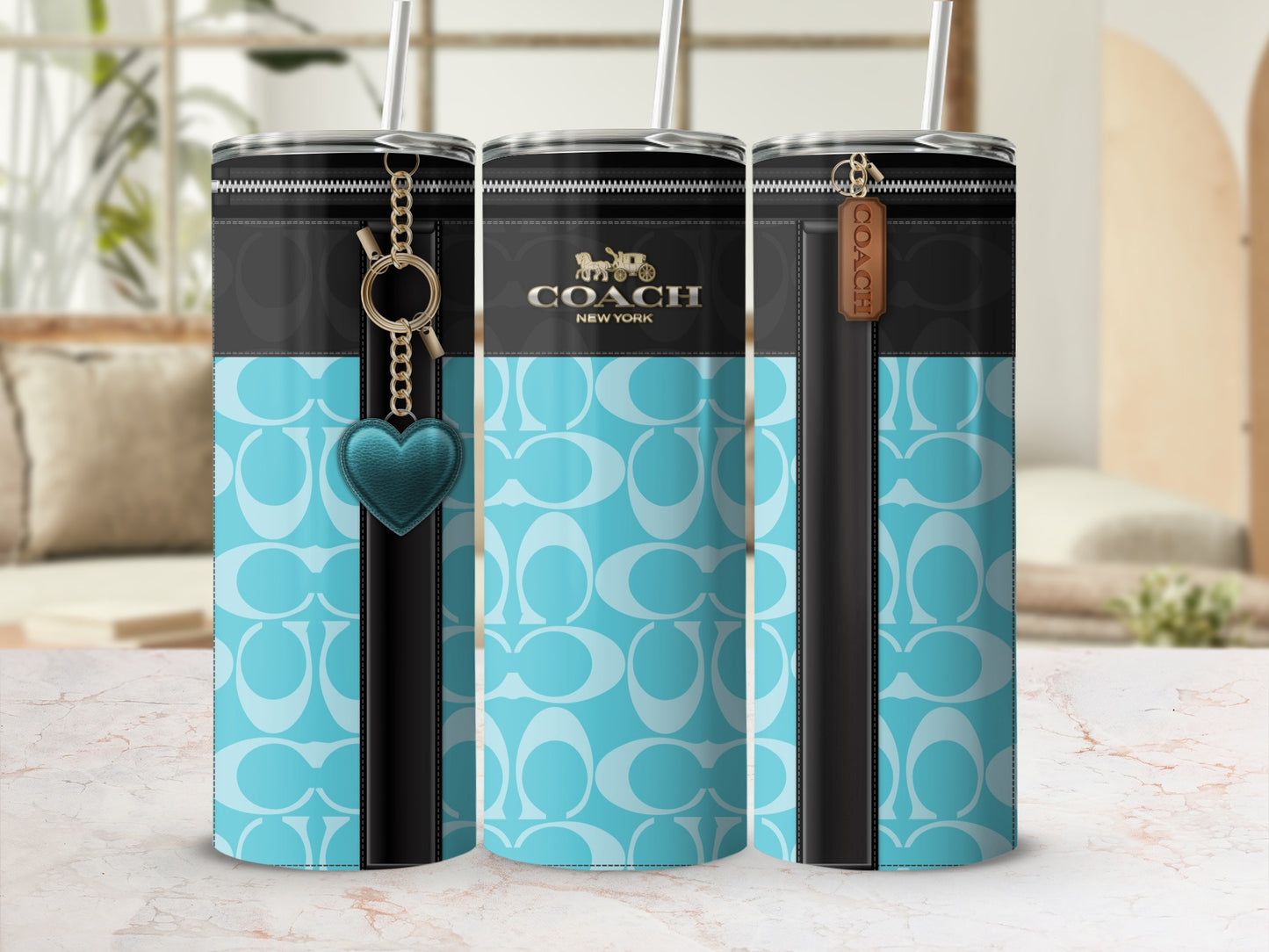 Turquoise and Black Designer Coach New York Tumbler