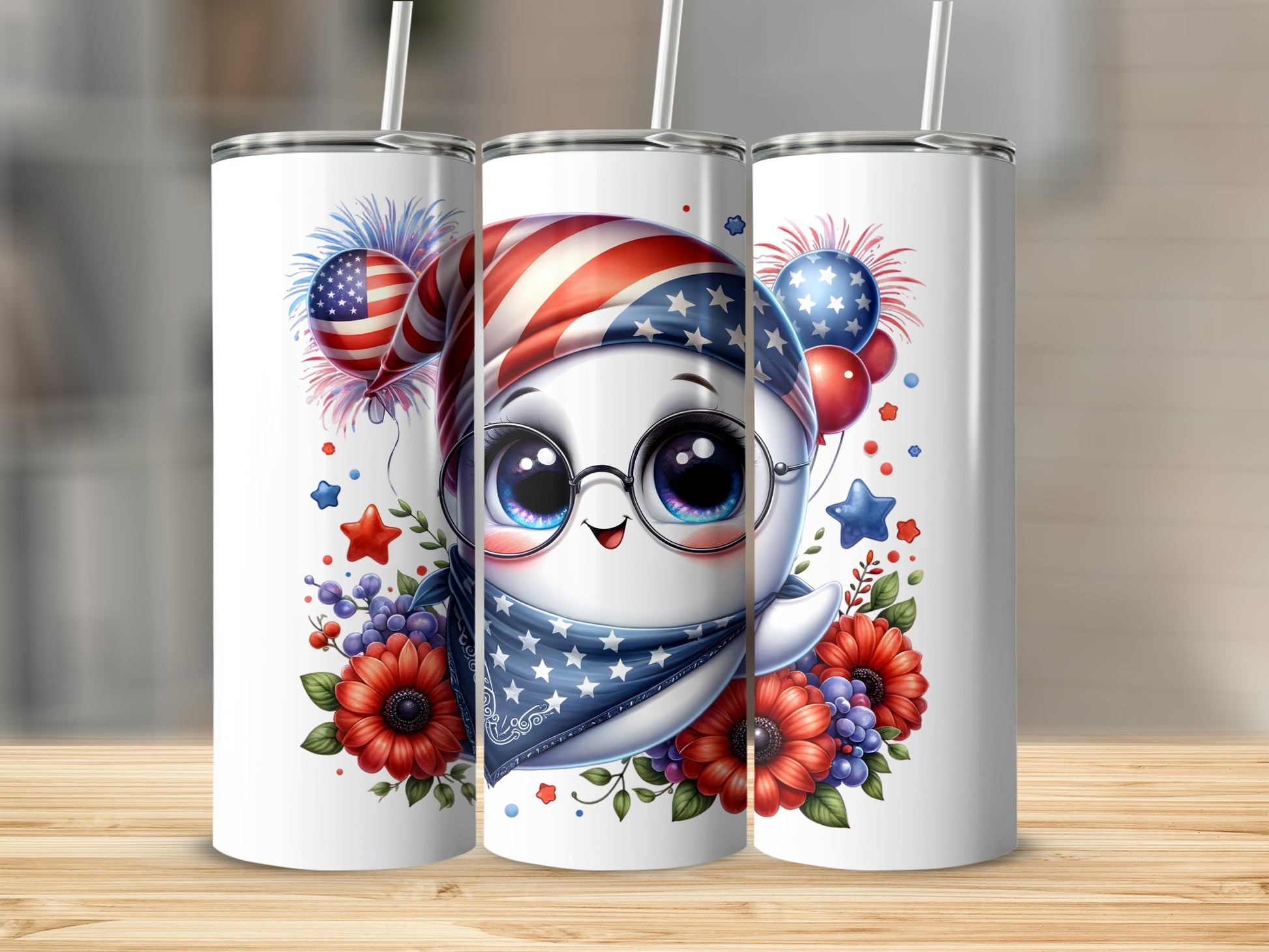 Cute ghost wearing patriotic bandana and hat with flowers and balloons.