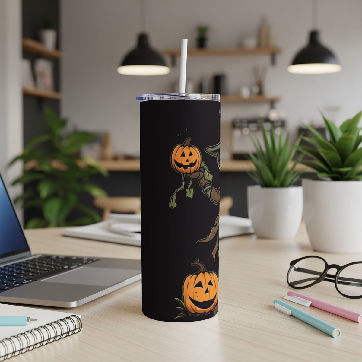 Black tumbler with a scarecrow and two Jack-o'-lanterns design.