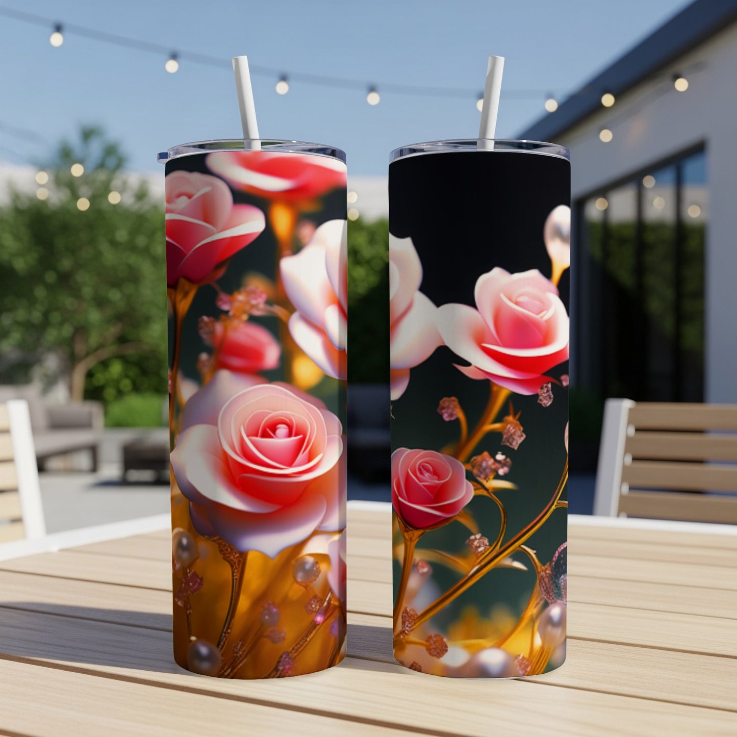 Two tumblers with pink roses and gold accents on an outdoor table.