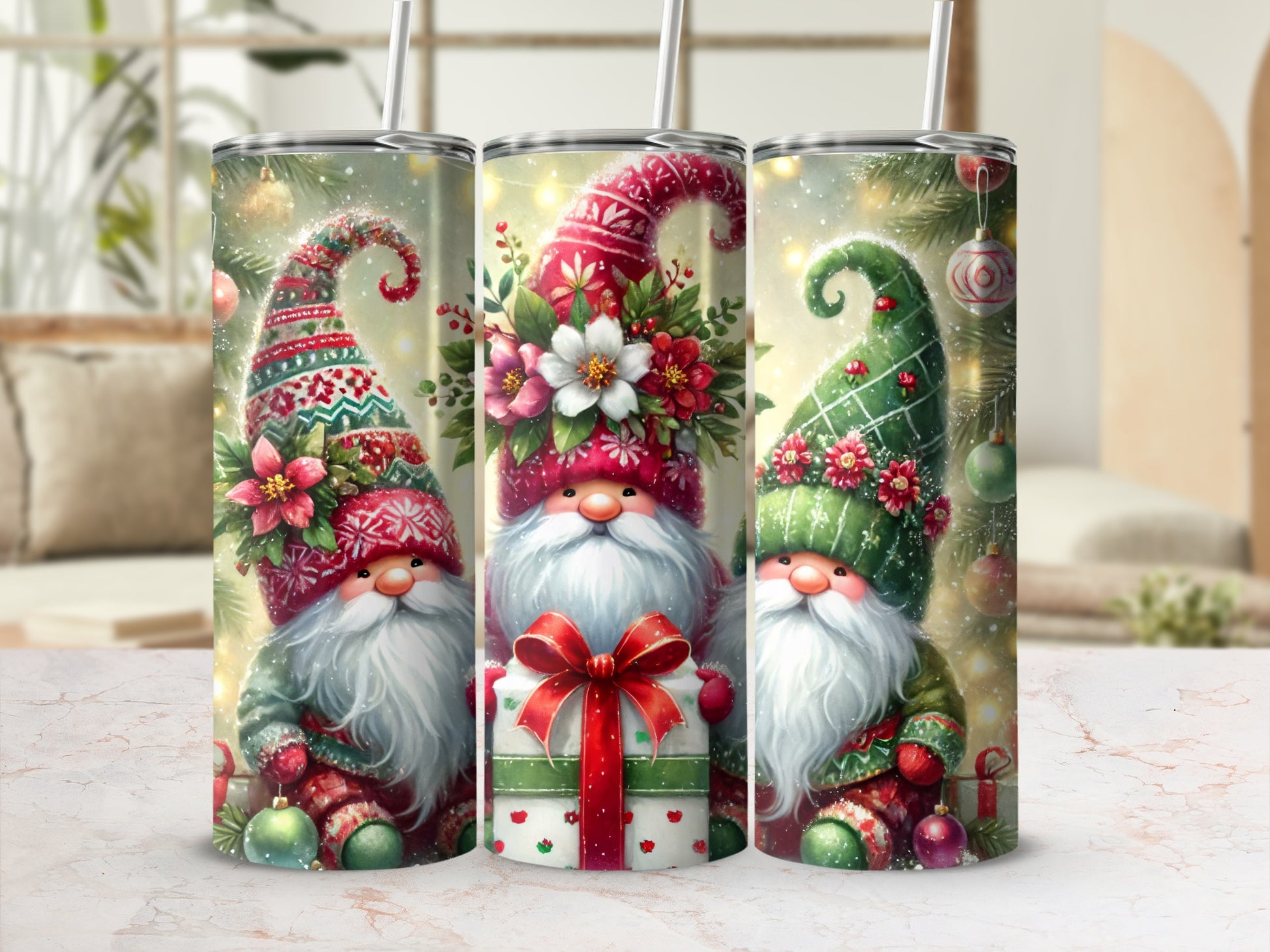 Three festive gnomes with hats, beards, and Christmas decorations, one holding a gift.