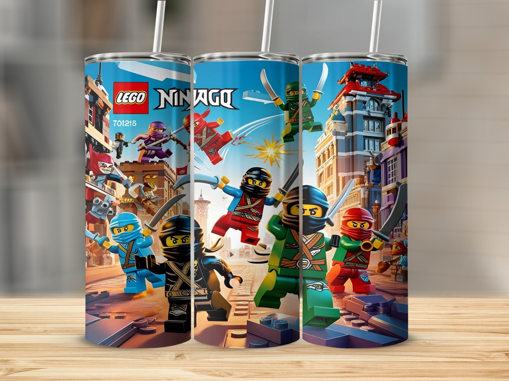 Ninjago Lego characters fighting on cityscape background.