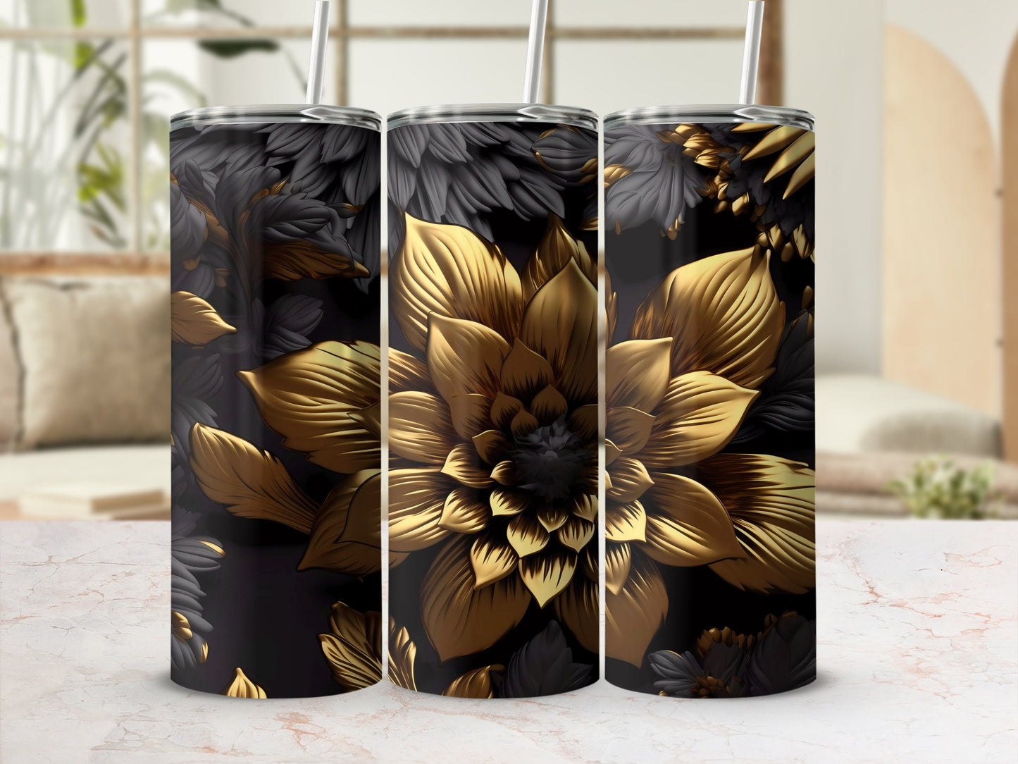 Elegant Black and Gold Floral Tumbler Product