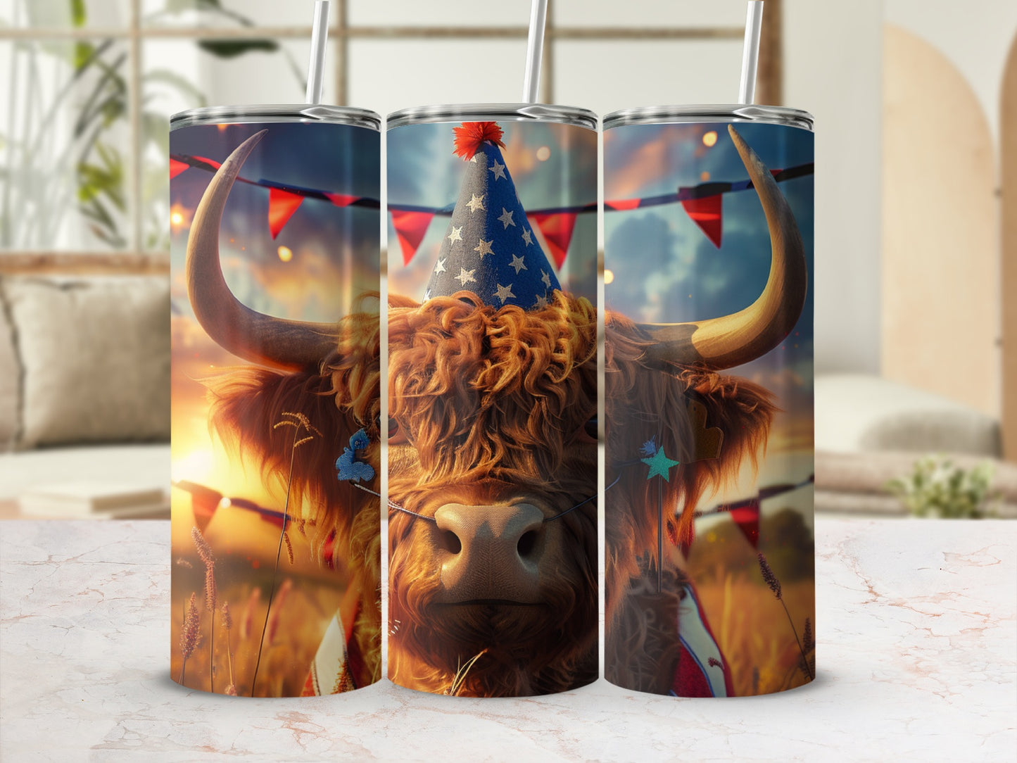 Highland cow wearing a party hat and bow tie.