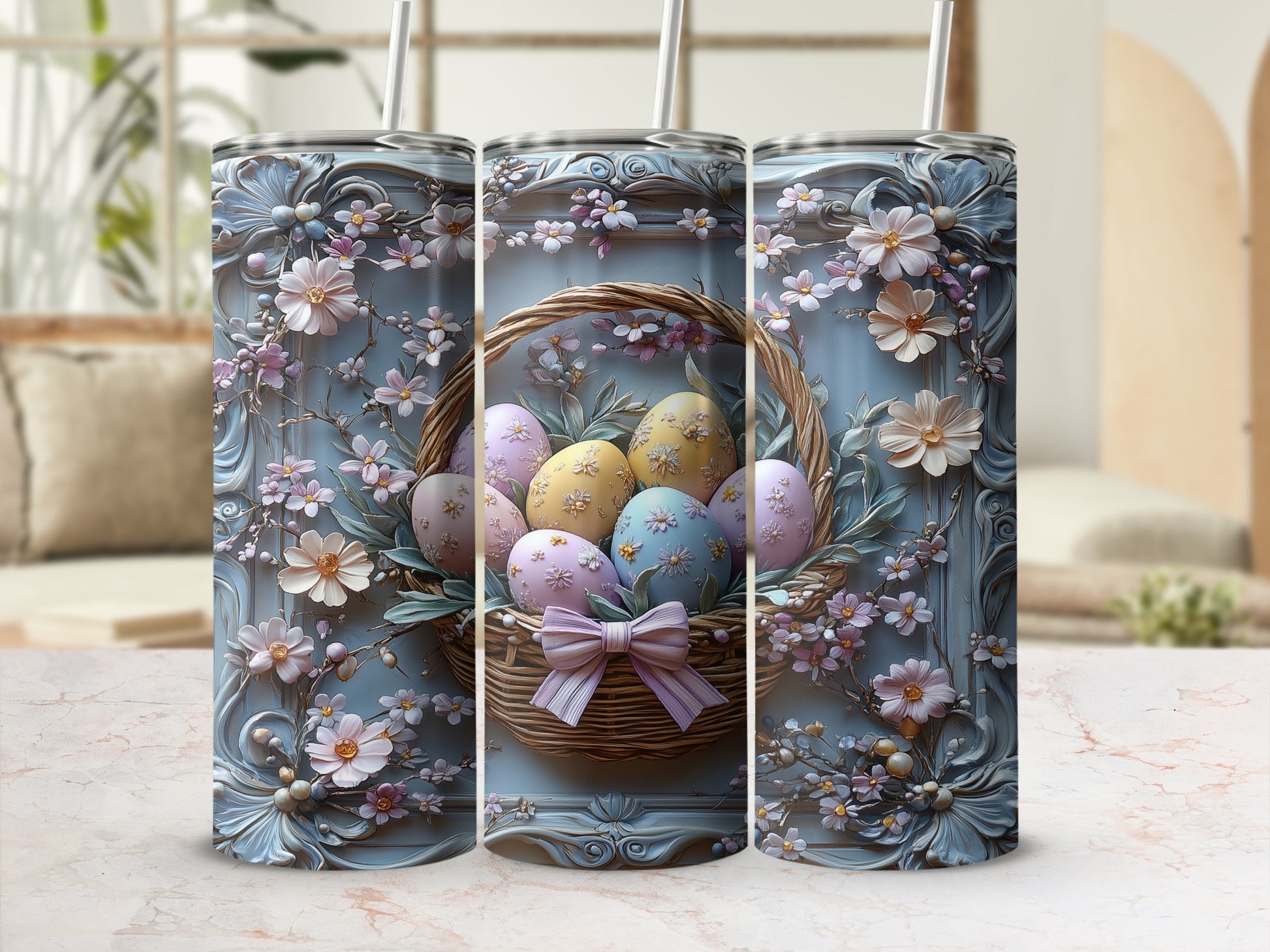 Vintage Easter Floral Tumbler with Eggs and Basket Design