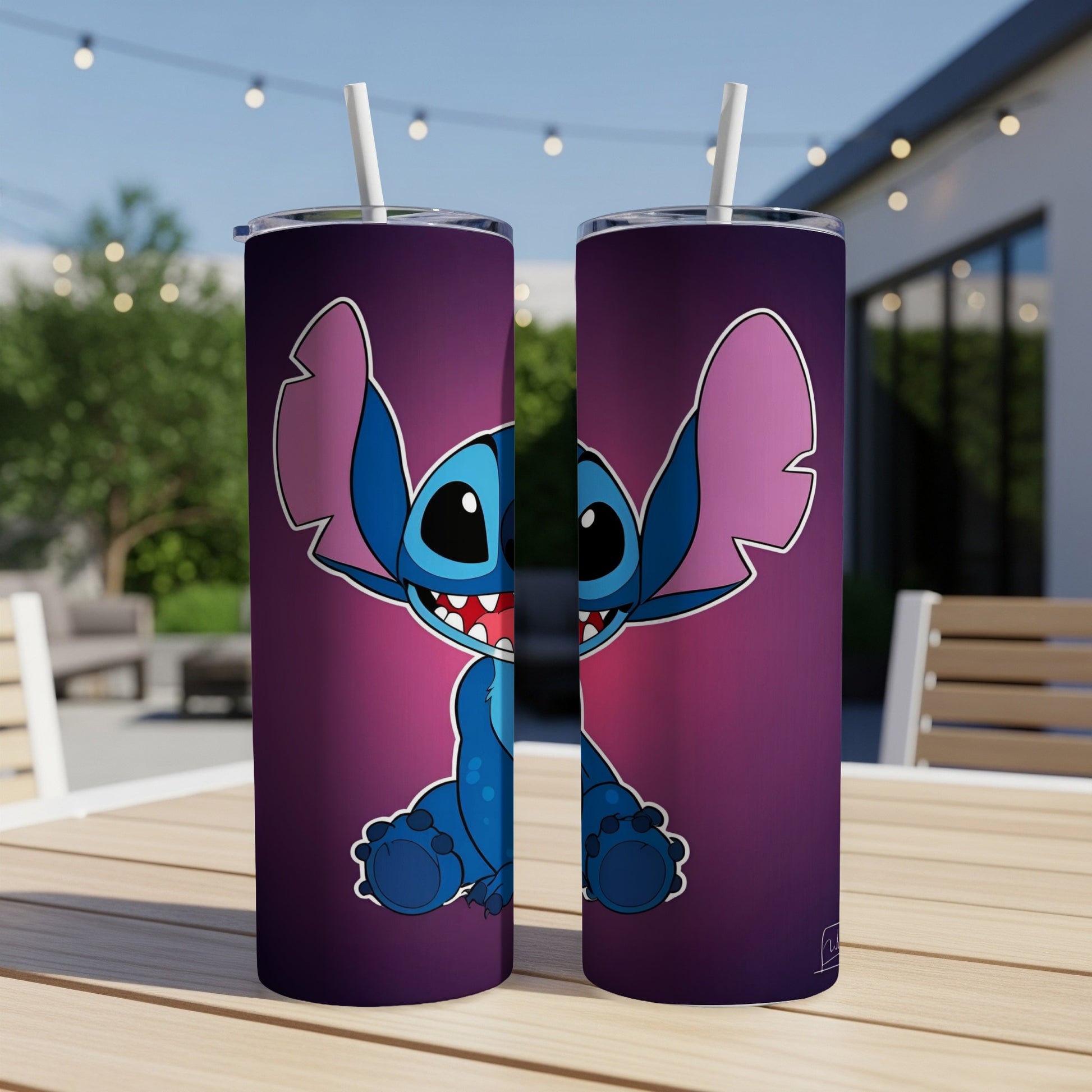 Two tumblers with Stitch from Lilo & Stitch cartoon character design.
