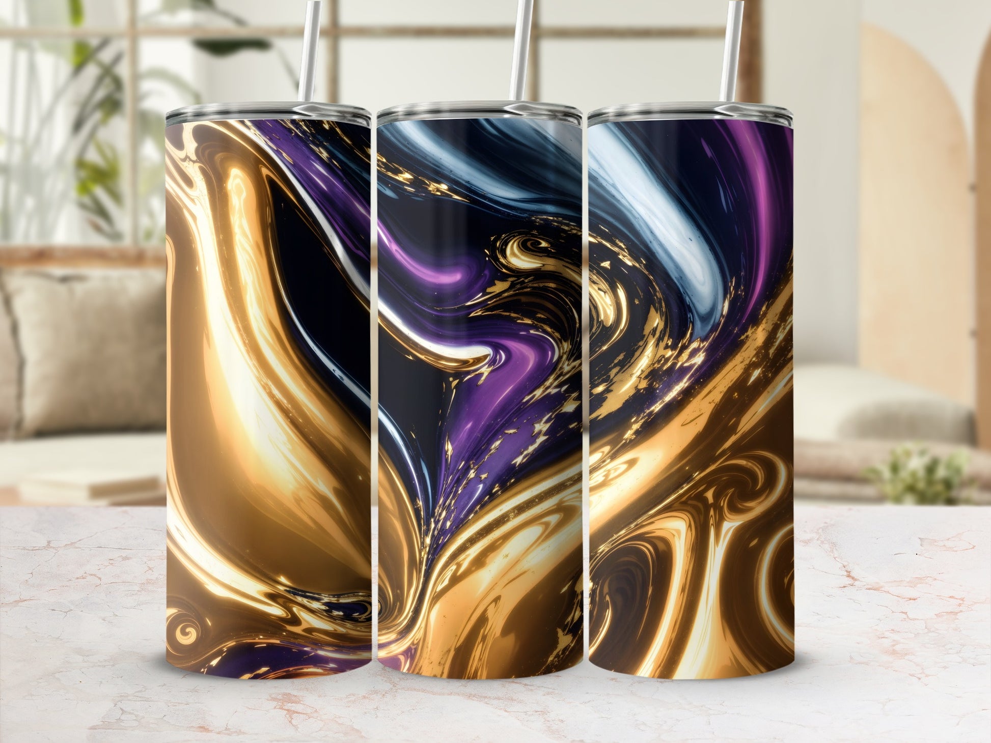 Three tumblers with swirling purple and gold abstract design.