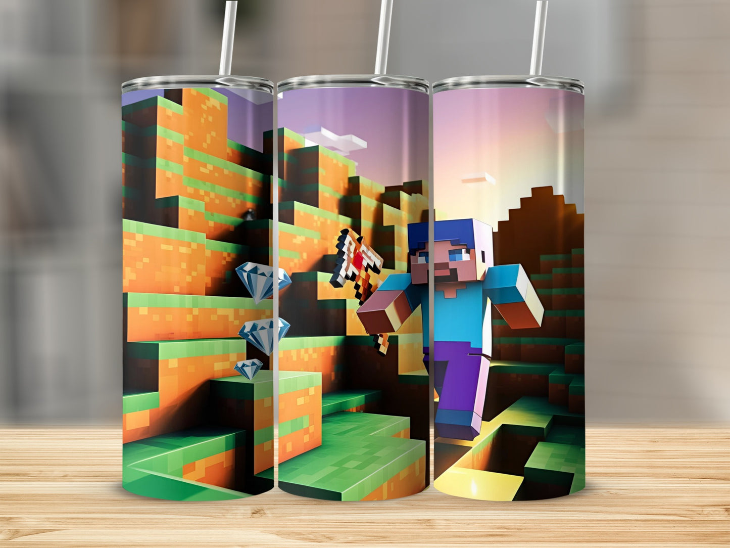 Minecraft character Steve running through a blocky world with diamonds.