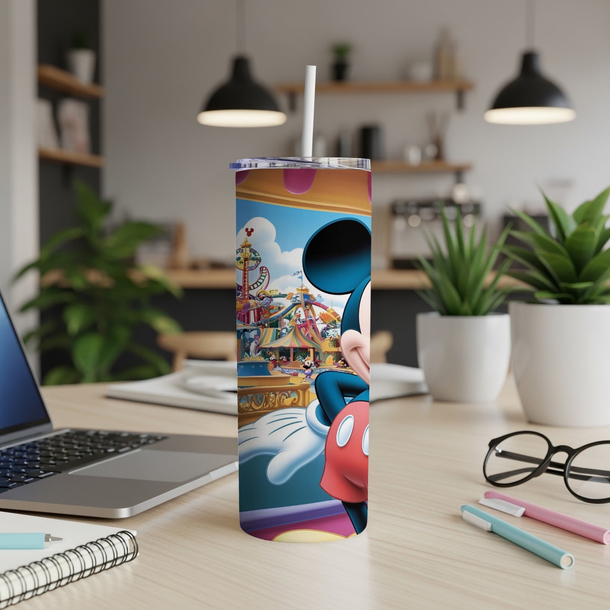 Mickey Mouse at amusement park on a colorful tumbler.
