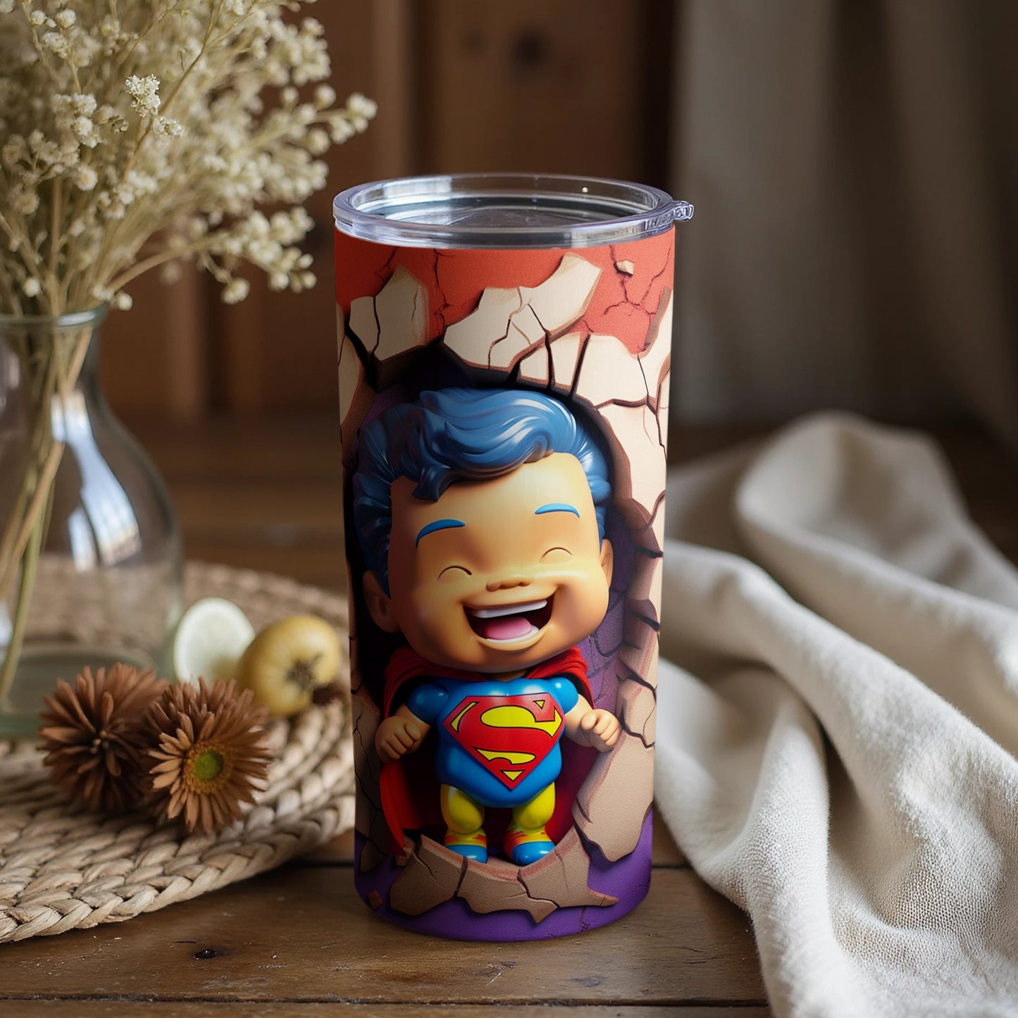 Cute Smiling Superhero Kid Broken Wall Tumbler