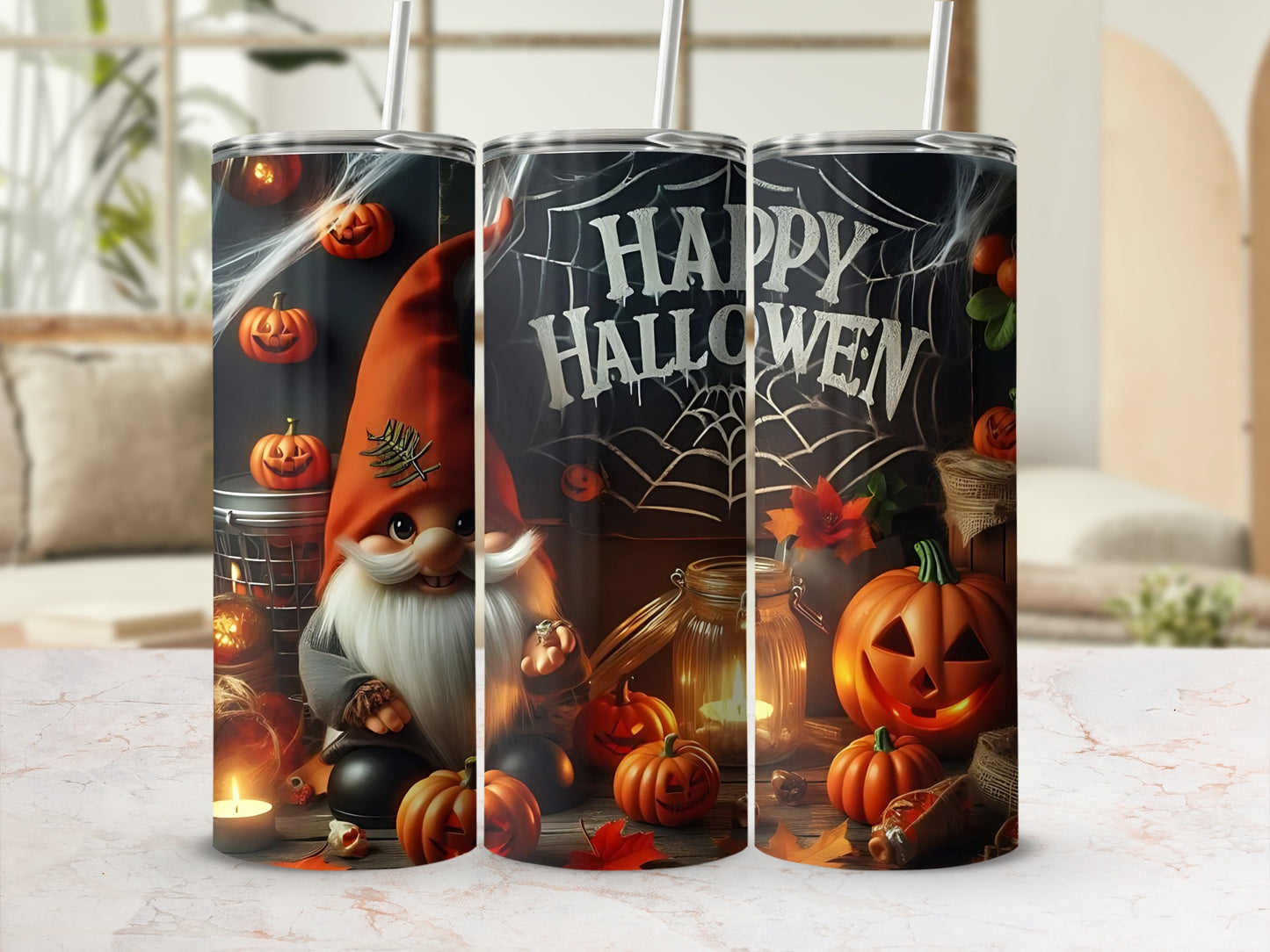 Tumbler with gnome, pumpkins, cobwebs, and "Happy Halloween" text.