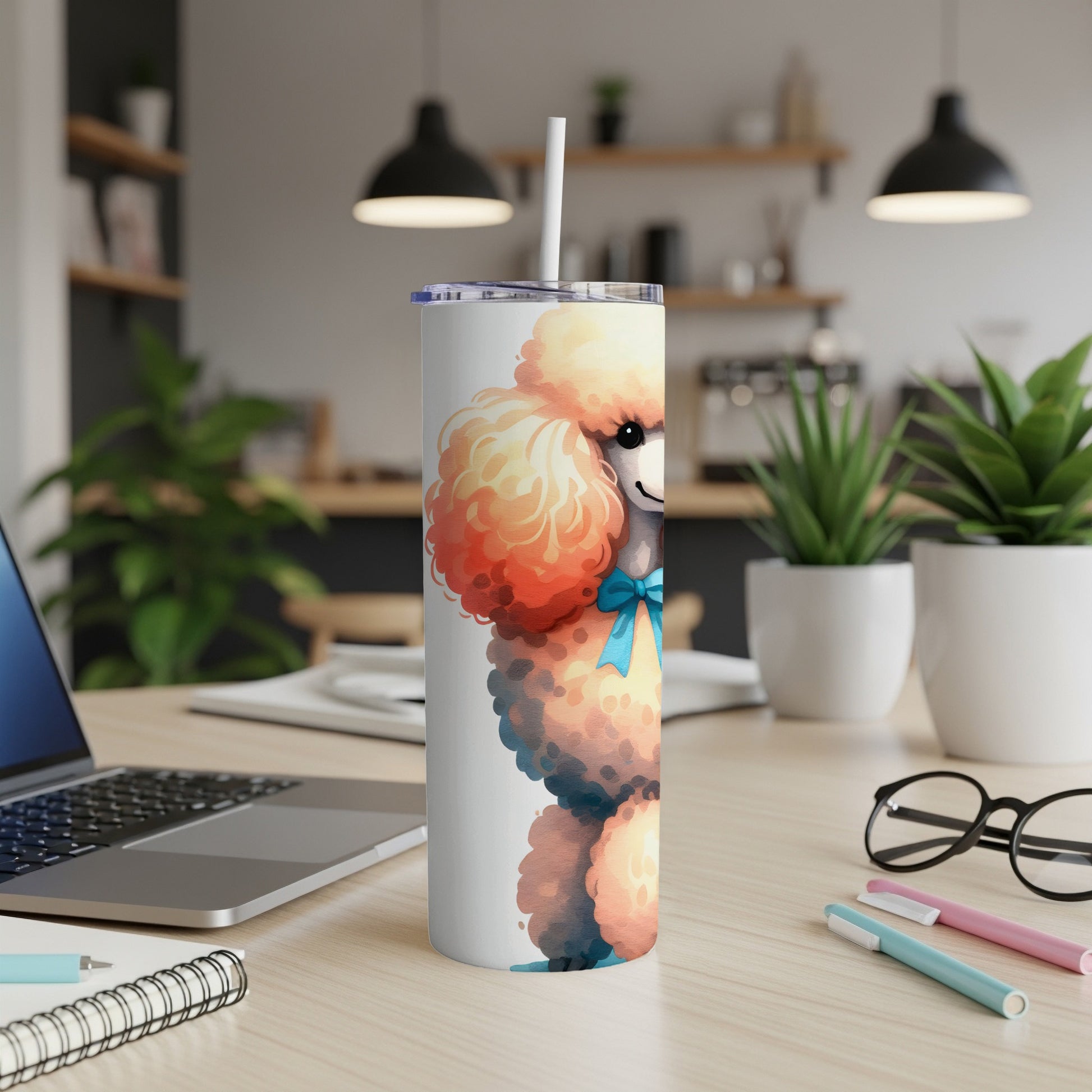 Illustration of a fluffy orange poodle with a blue bow on a white tumbler.