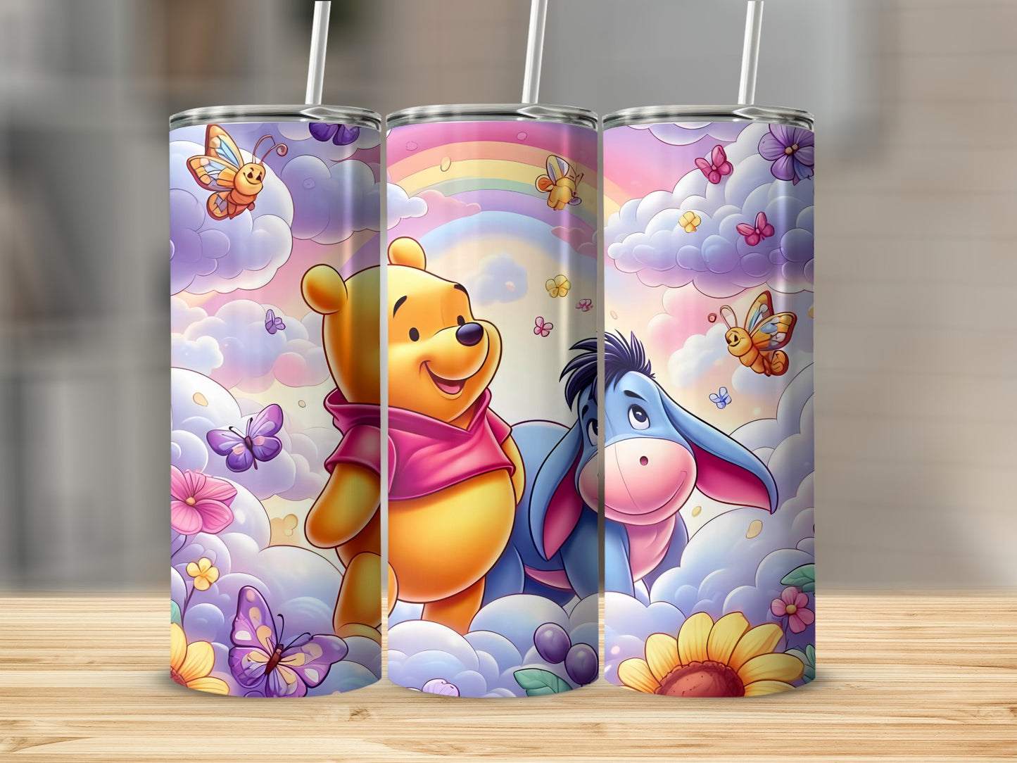 Winnie The Pooh Eeyore Among Clouds Rainbow Sky Tumblers