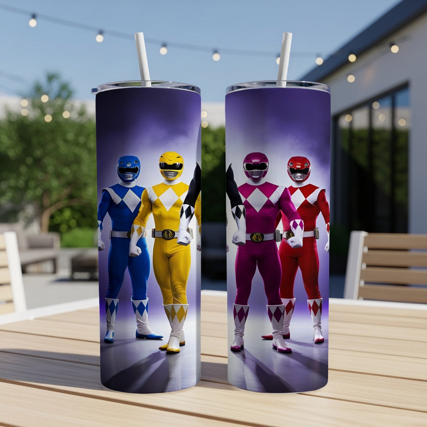 Two Power Rangers tumblers featuring the Blue, Yellow, Pink, and Red Rangers.