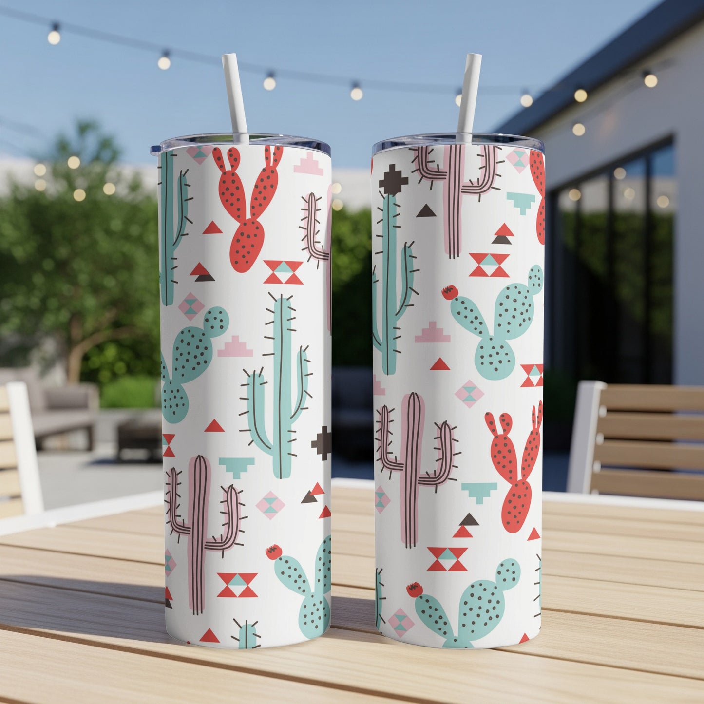 Two tumblers with a white background and a cactus and geometric pattern.