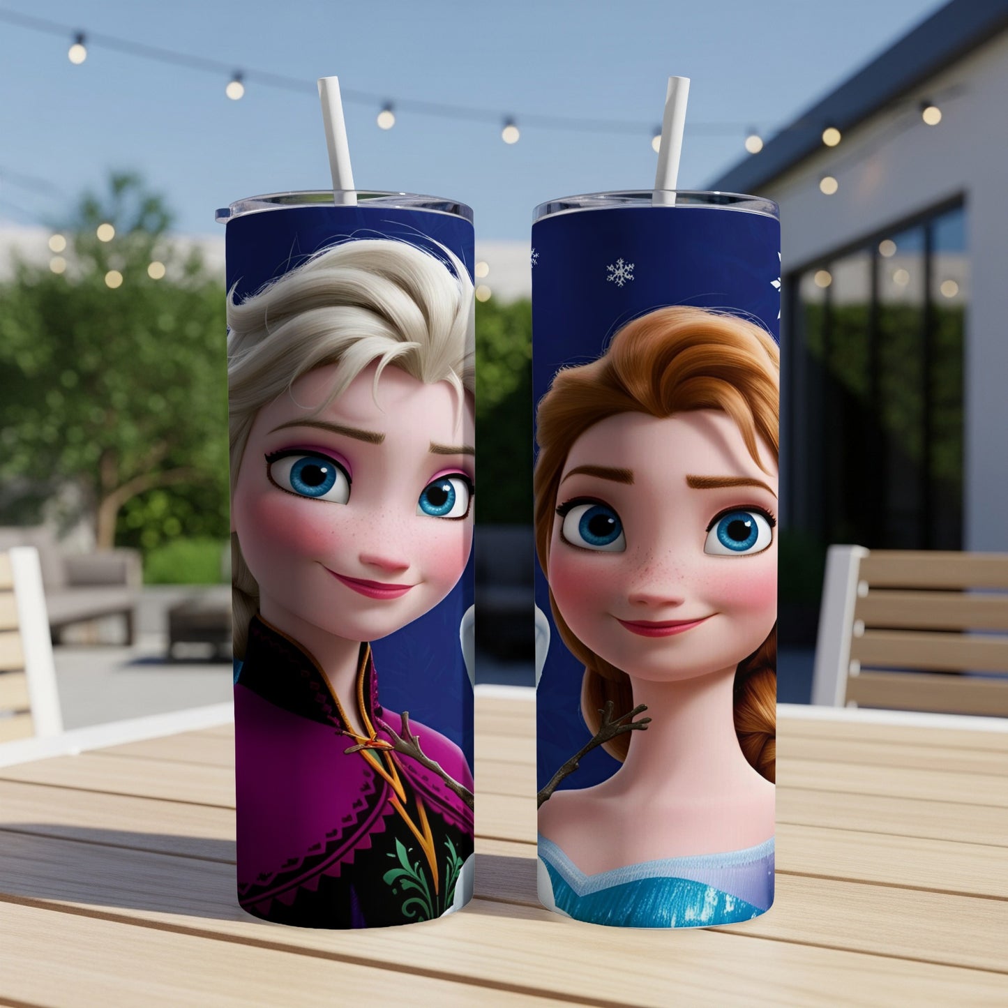Two cartoon girls with blonde and red hair, likely Elsa and Anna from Frozen.