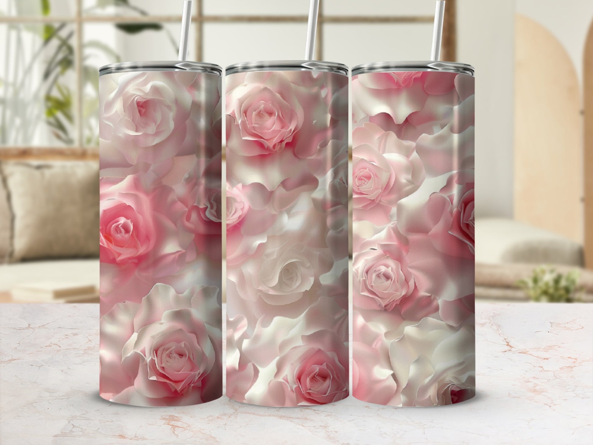 Three tumblers with a soft pink and white rose floral pattern.