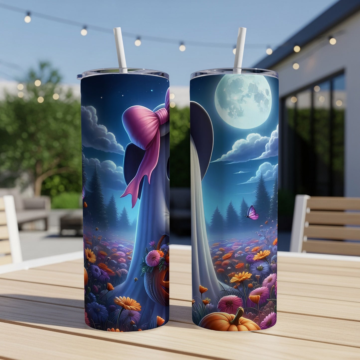 Two tumblers featuring a ghostly figure in a field of flowers under a full moon.