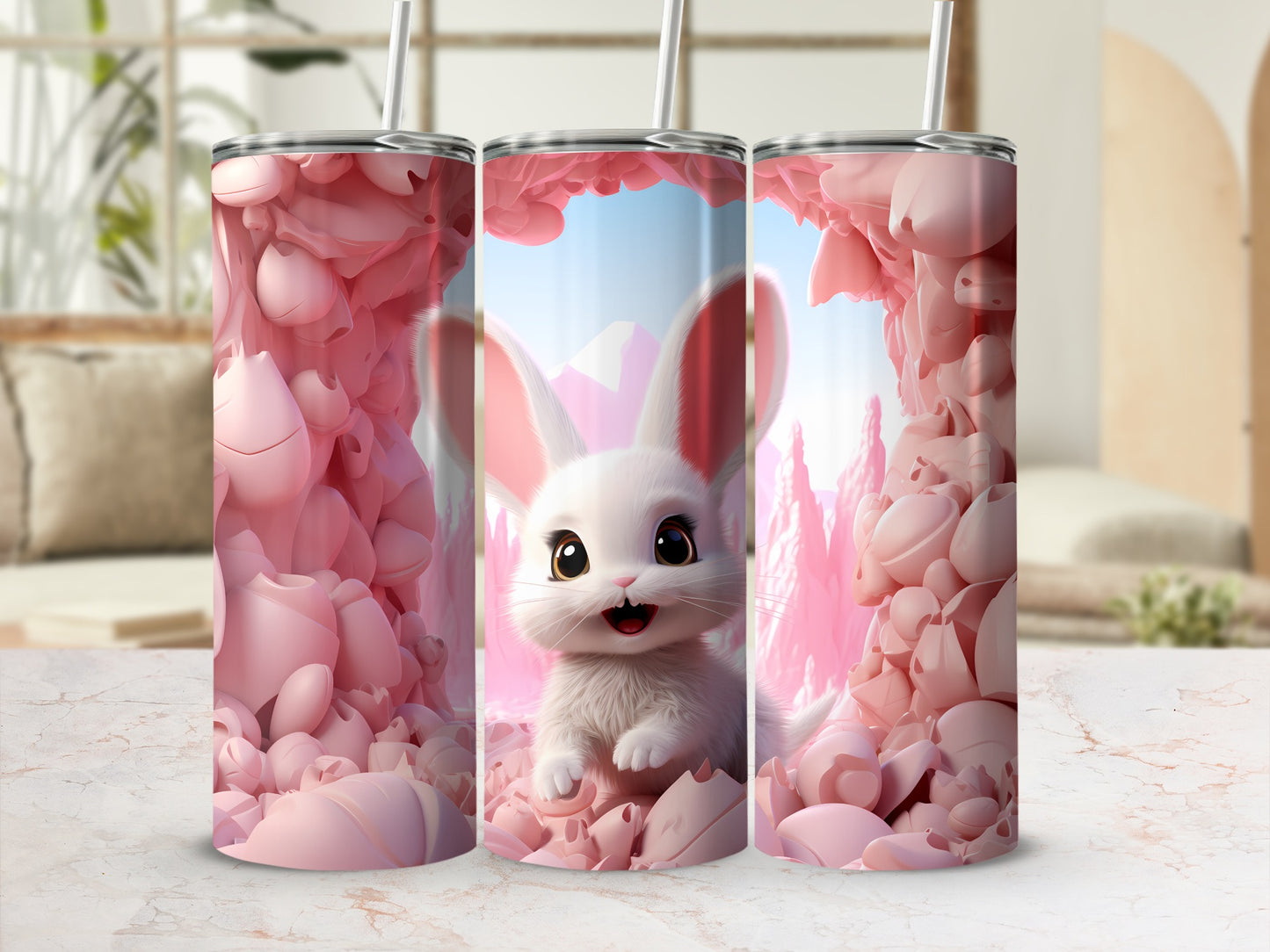 Cute Bunny in Pink Floral Background Tumbler Cup