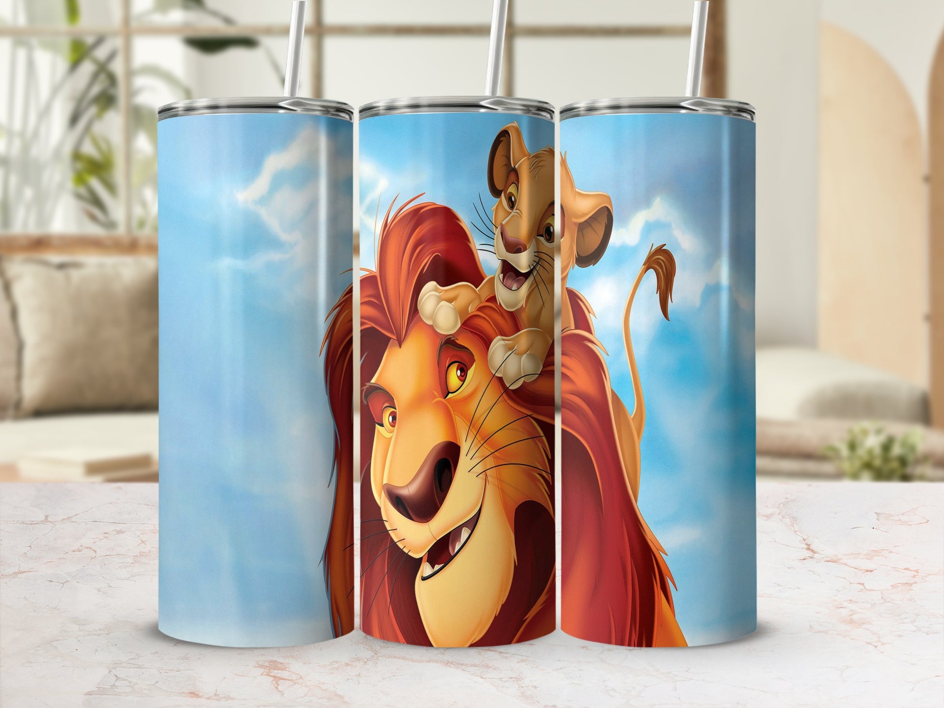 The Lion King's Mufasa and Simba on a blue, sky-themed tumbler.