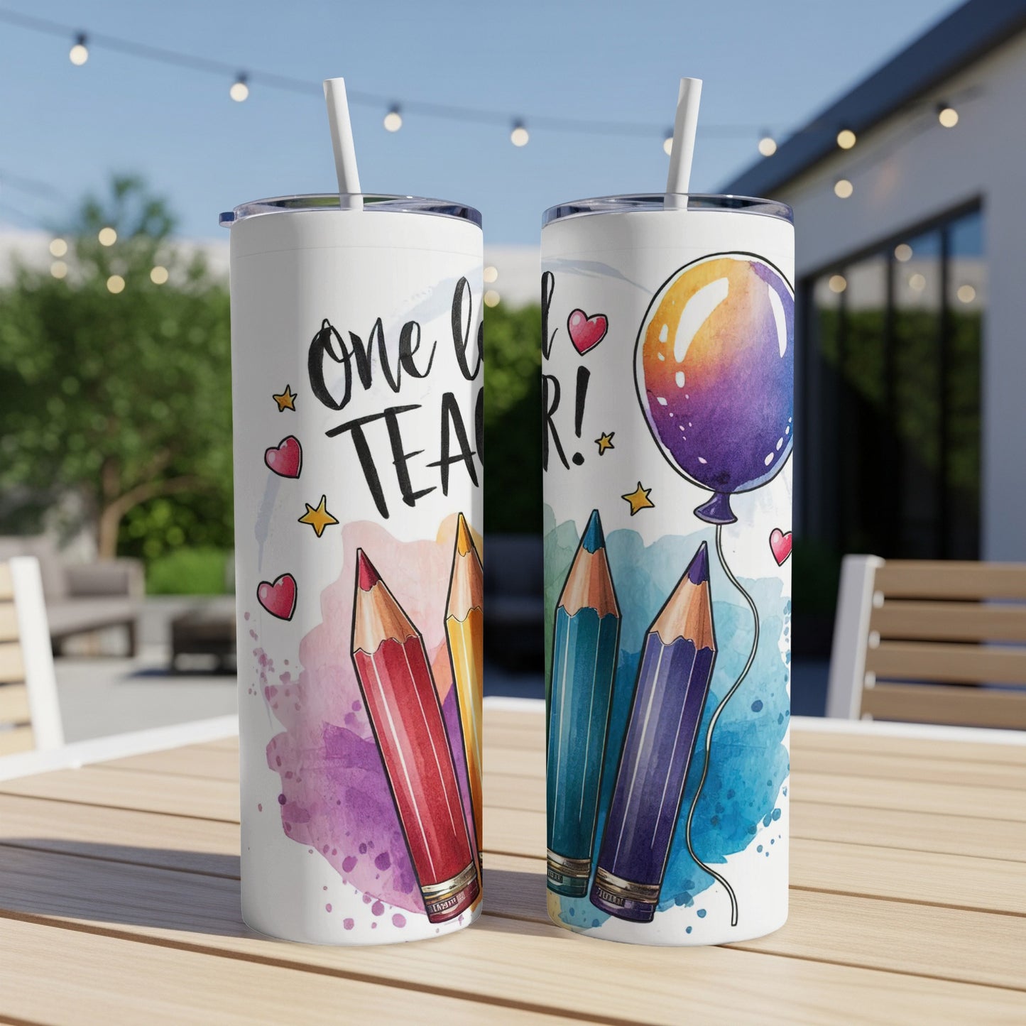 Two tall tumblers with colorful pencils and "One Loved Teacher!" text.