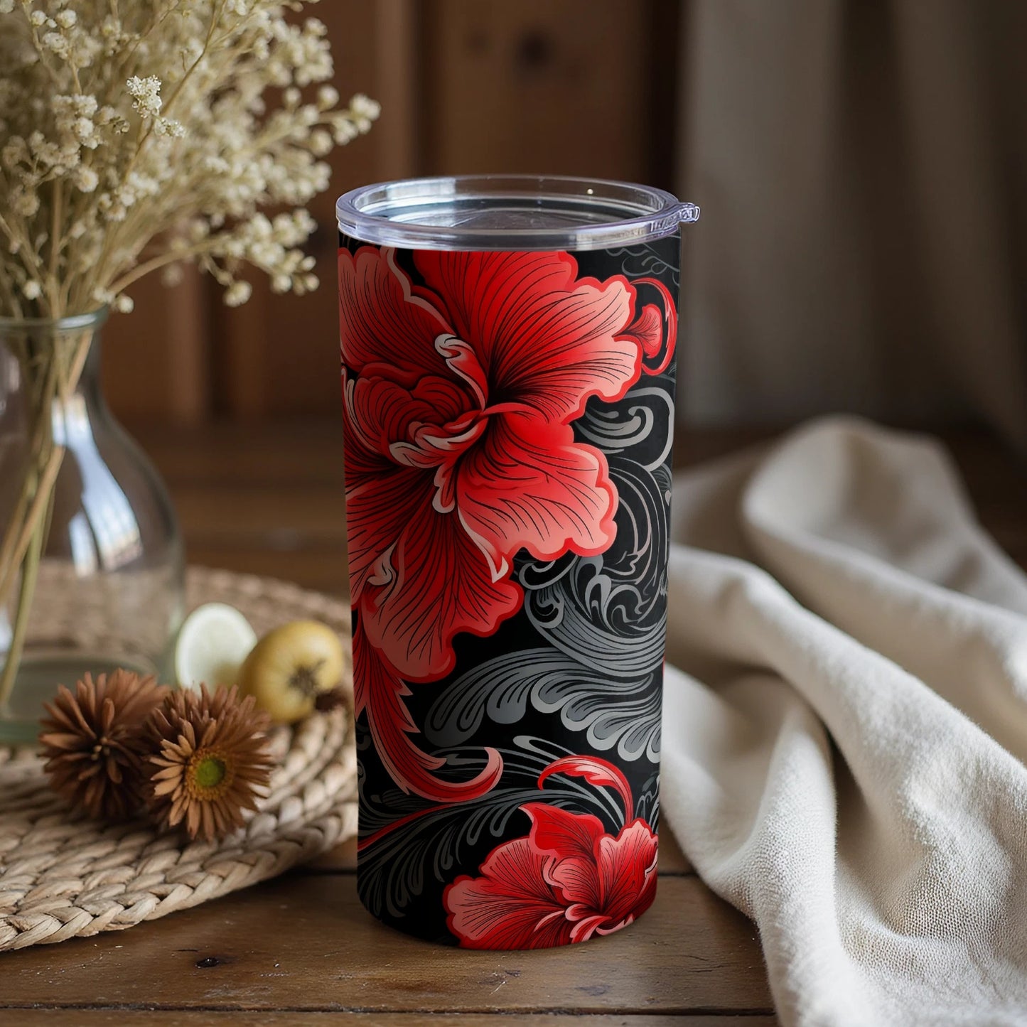 Floral Design Black and Red Insulated Tumbler Cup