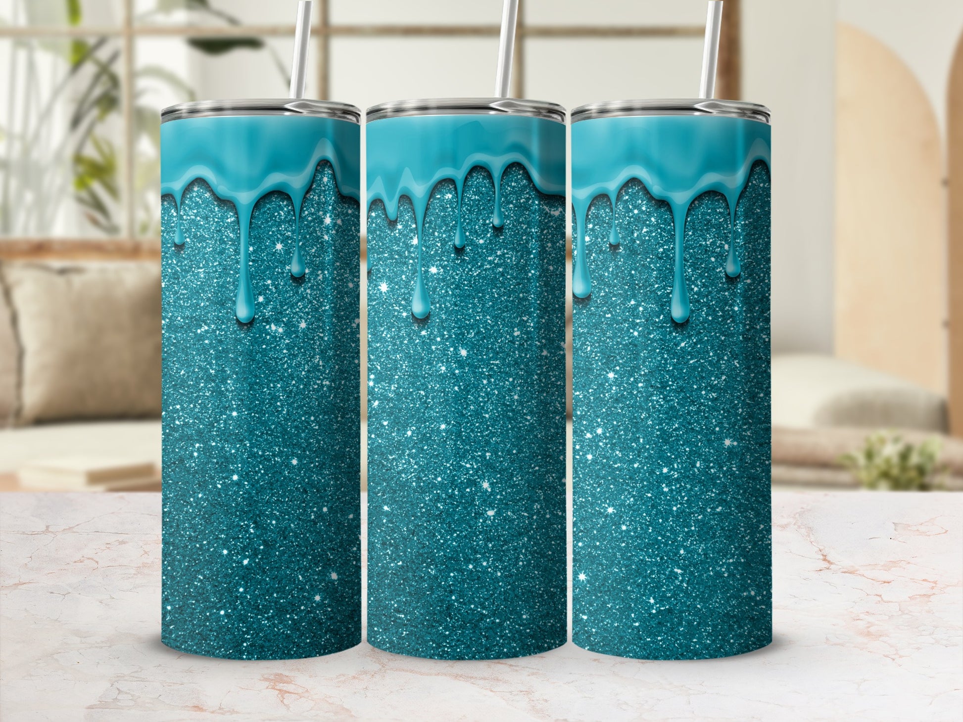 Glittering Teal Drinkware with Dripping Effect Design