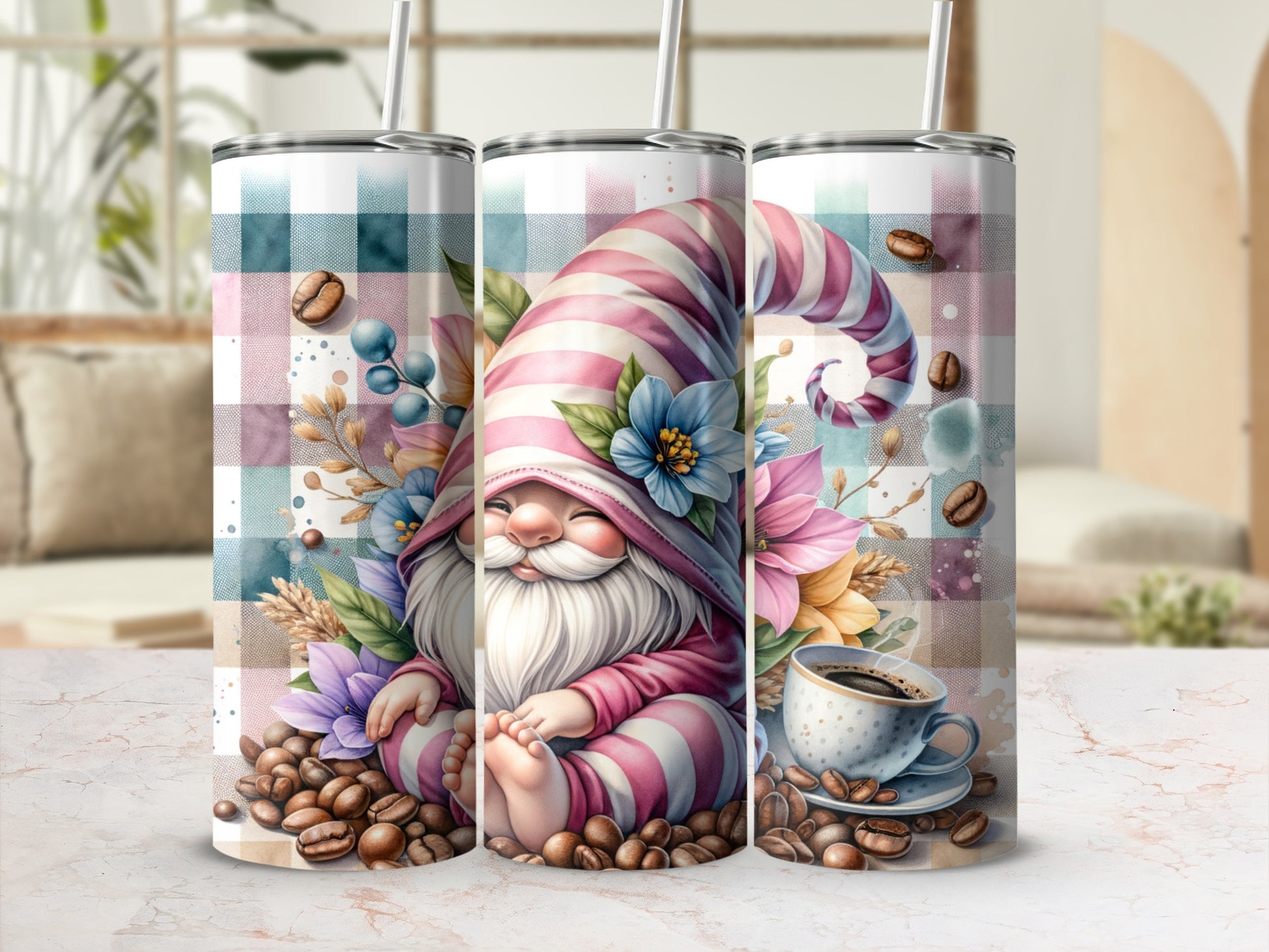 Gnome with coffee cup and coffee beans, pink and white plaid background.