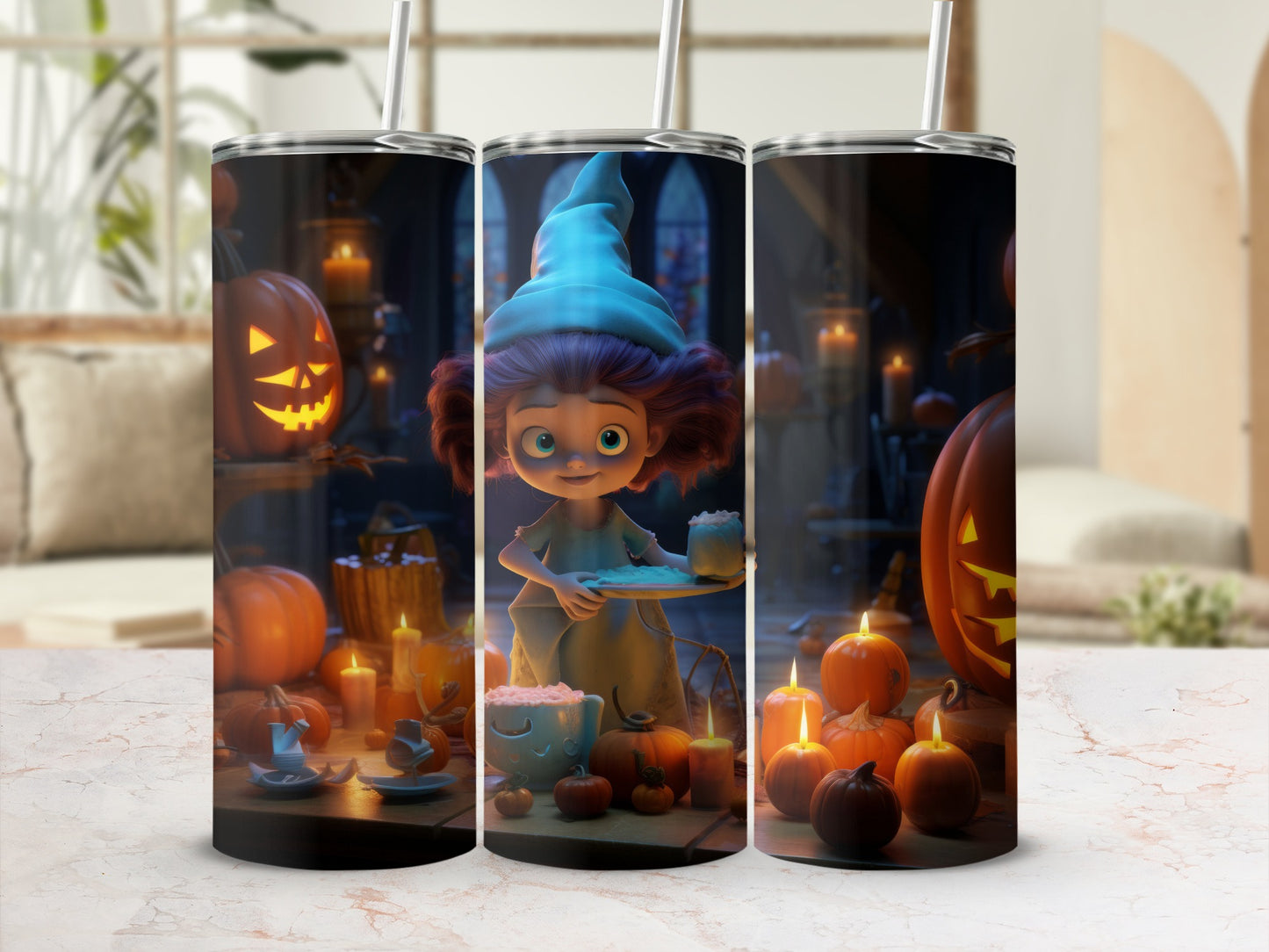 Three tumblers featuring a cartoon witch and Halloween pumpkins with candles.