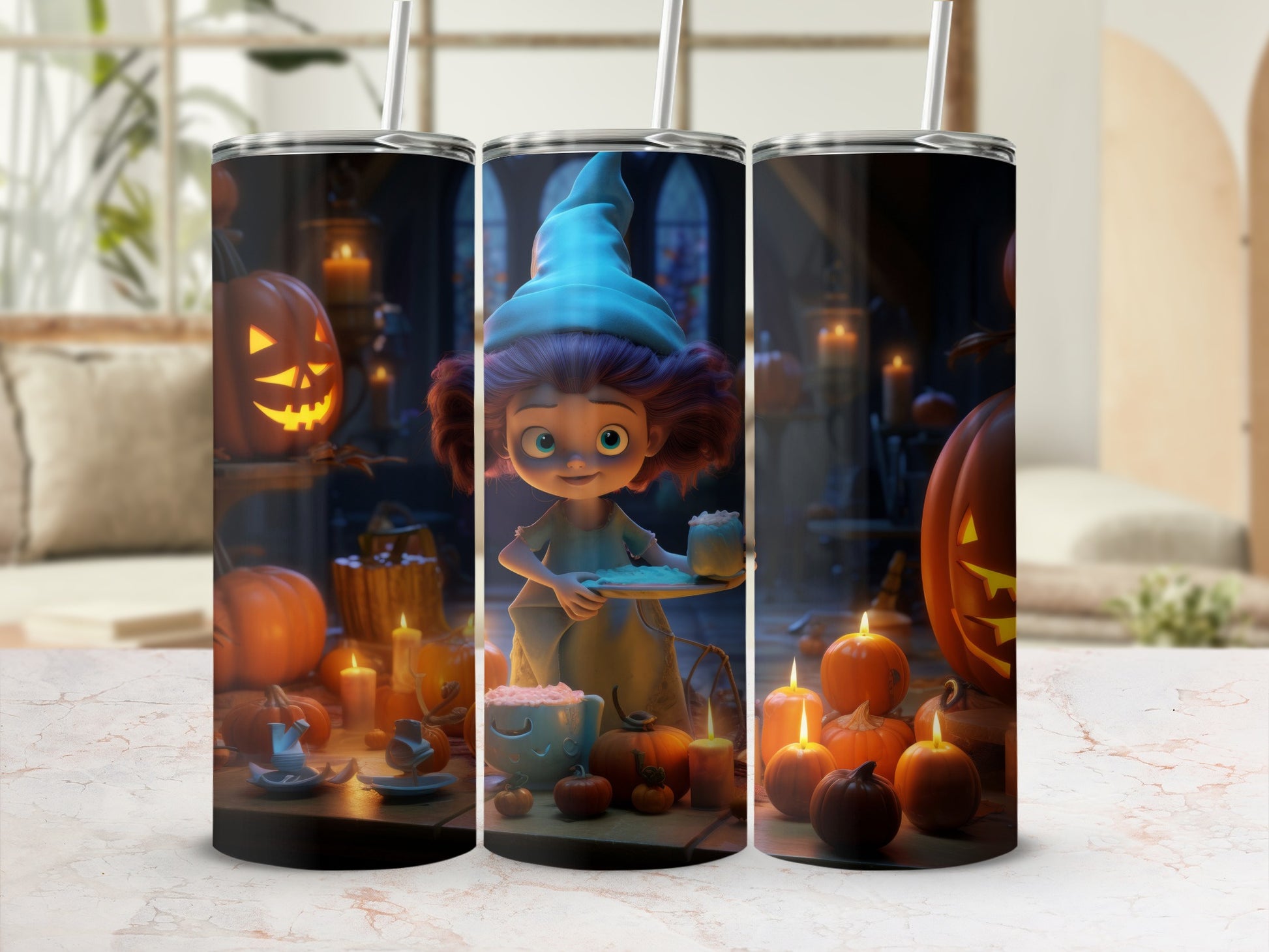 Three tumblers featuring a cartoon witch and Halloween pumpkins with candles.