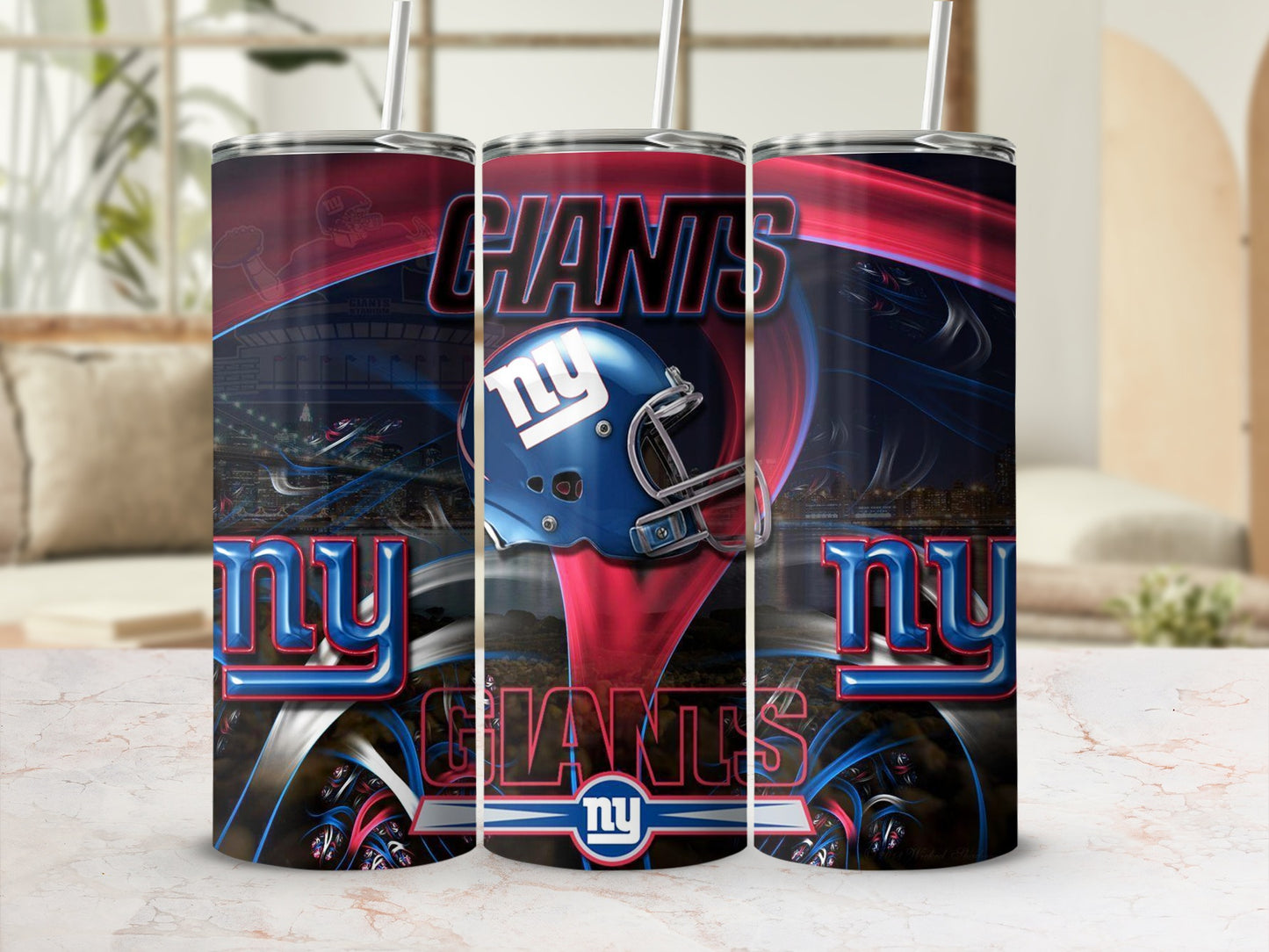 New York Giants tumbler with helmet and stadium graphics.