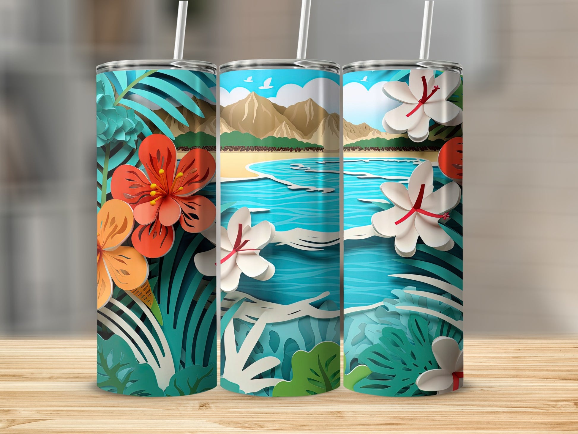Tropical Beach and Floral Stainless Steel Tumbler
