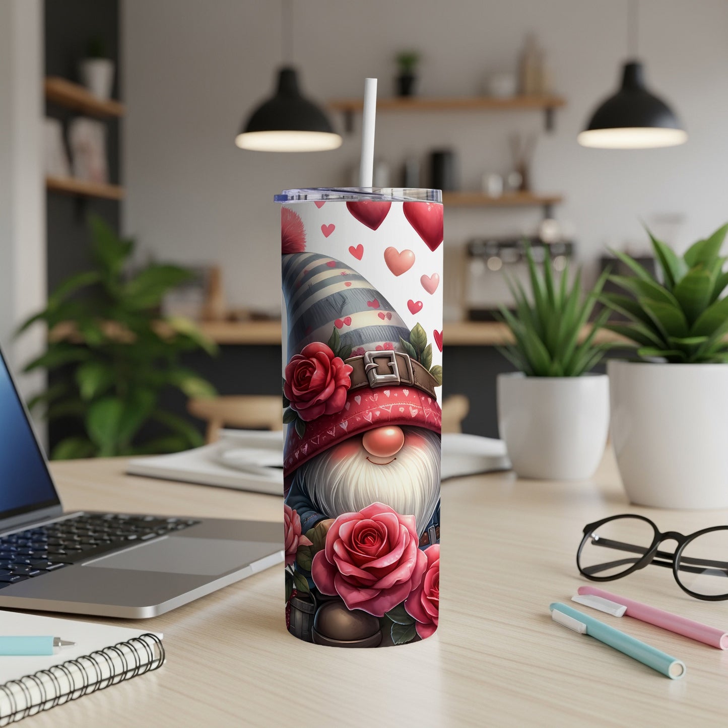 Gnome with roses on a striped hat, surrounded by hearts and a straw.