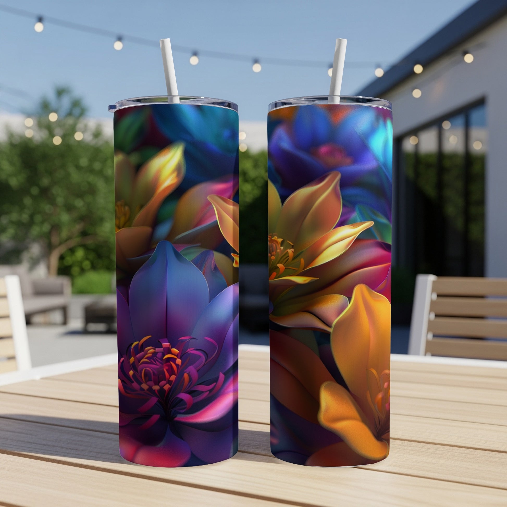 Two tumblers with vibrant floral designs, featuring purple, pink, and orange petals.
