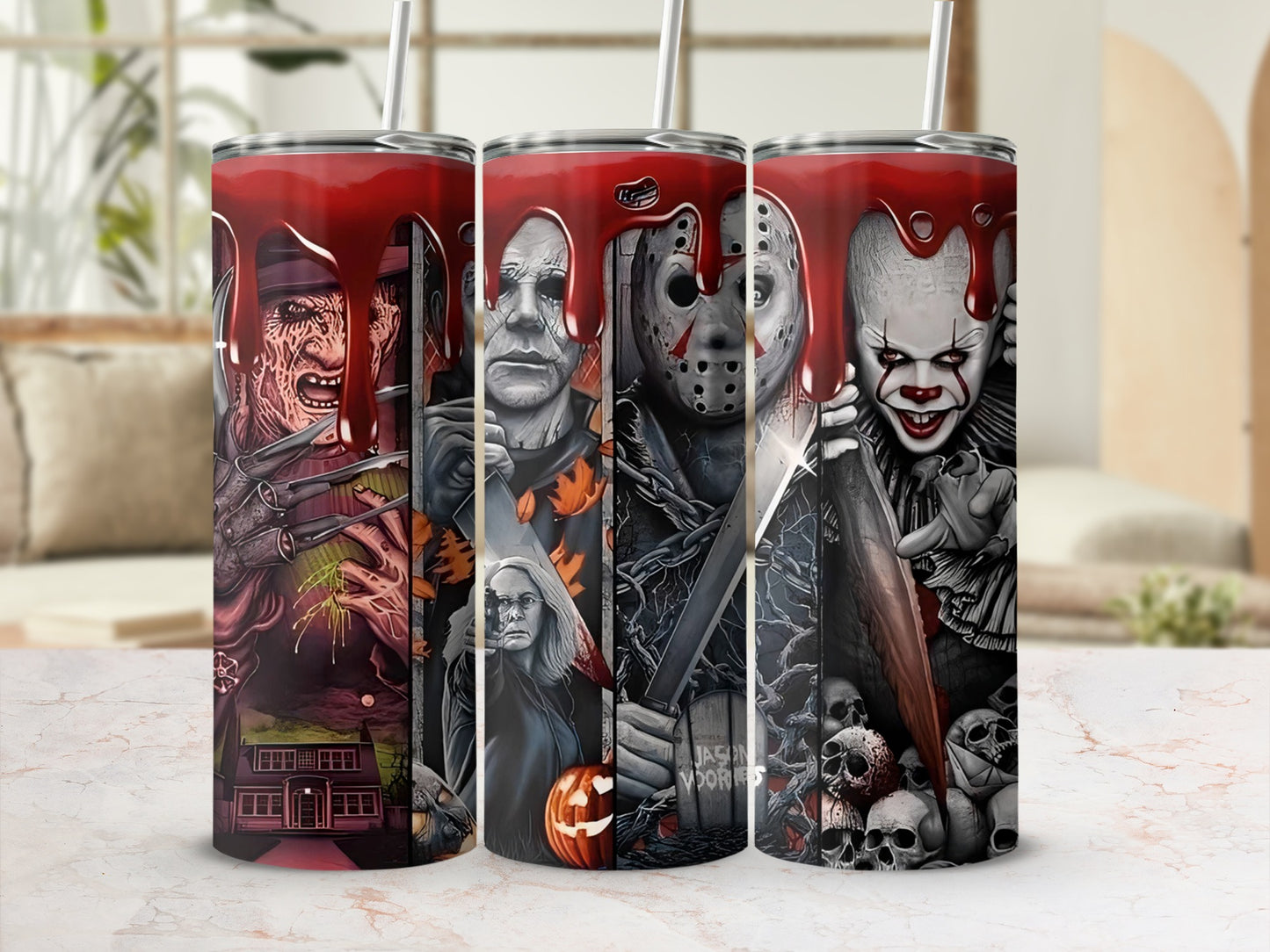 Halloween villains Jason Voorhees, Michael Myers, and Pennywise on a tumbler.