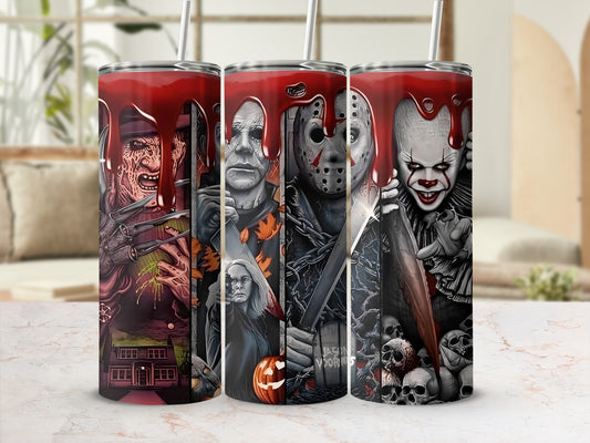 Halloween villains Jason Voorhees, Michael Myers, and Pennywise on a tumbler.