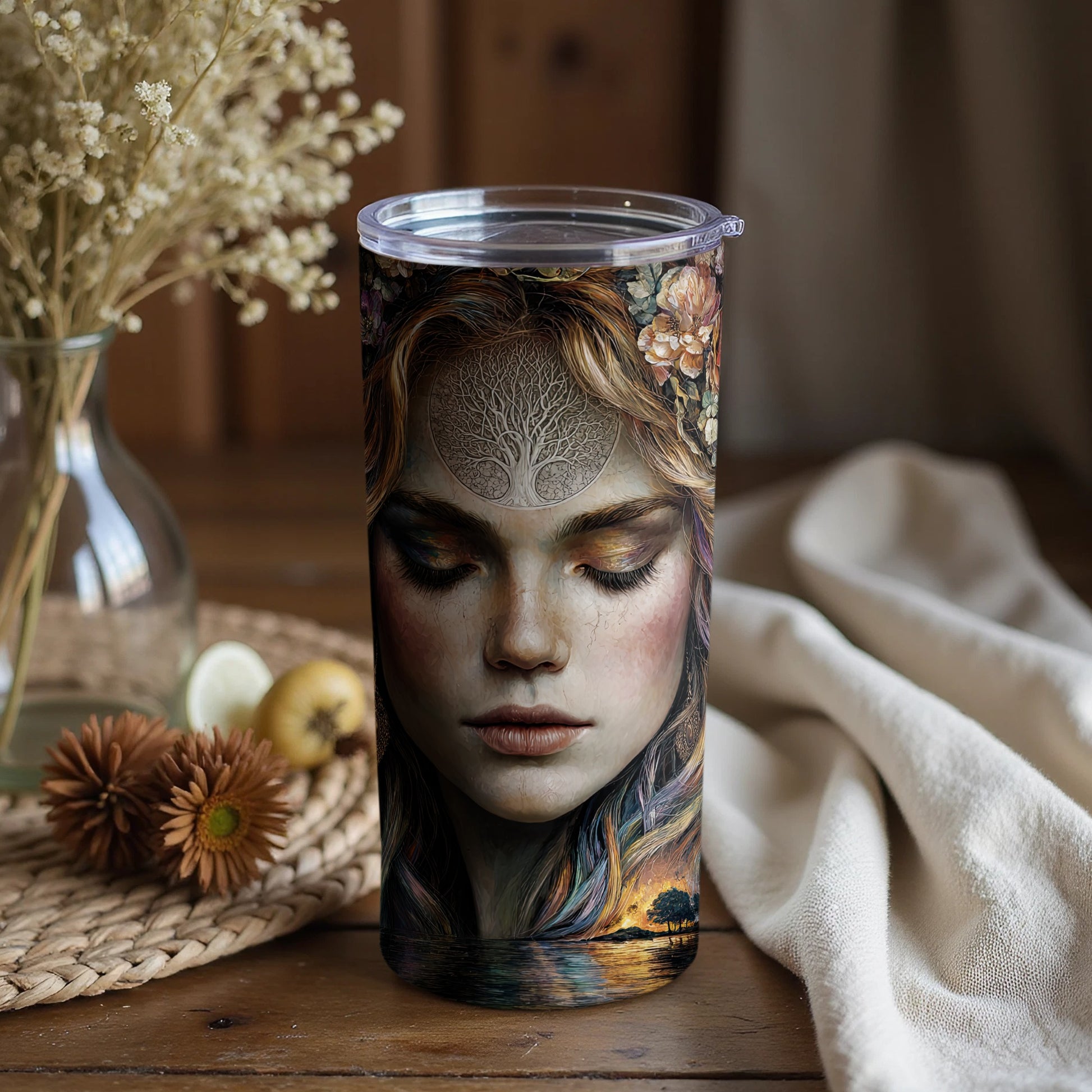 Artistic Woman's Face and Floral Tumbler